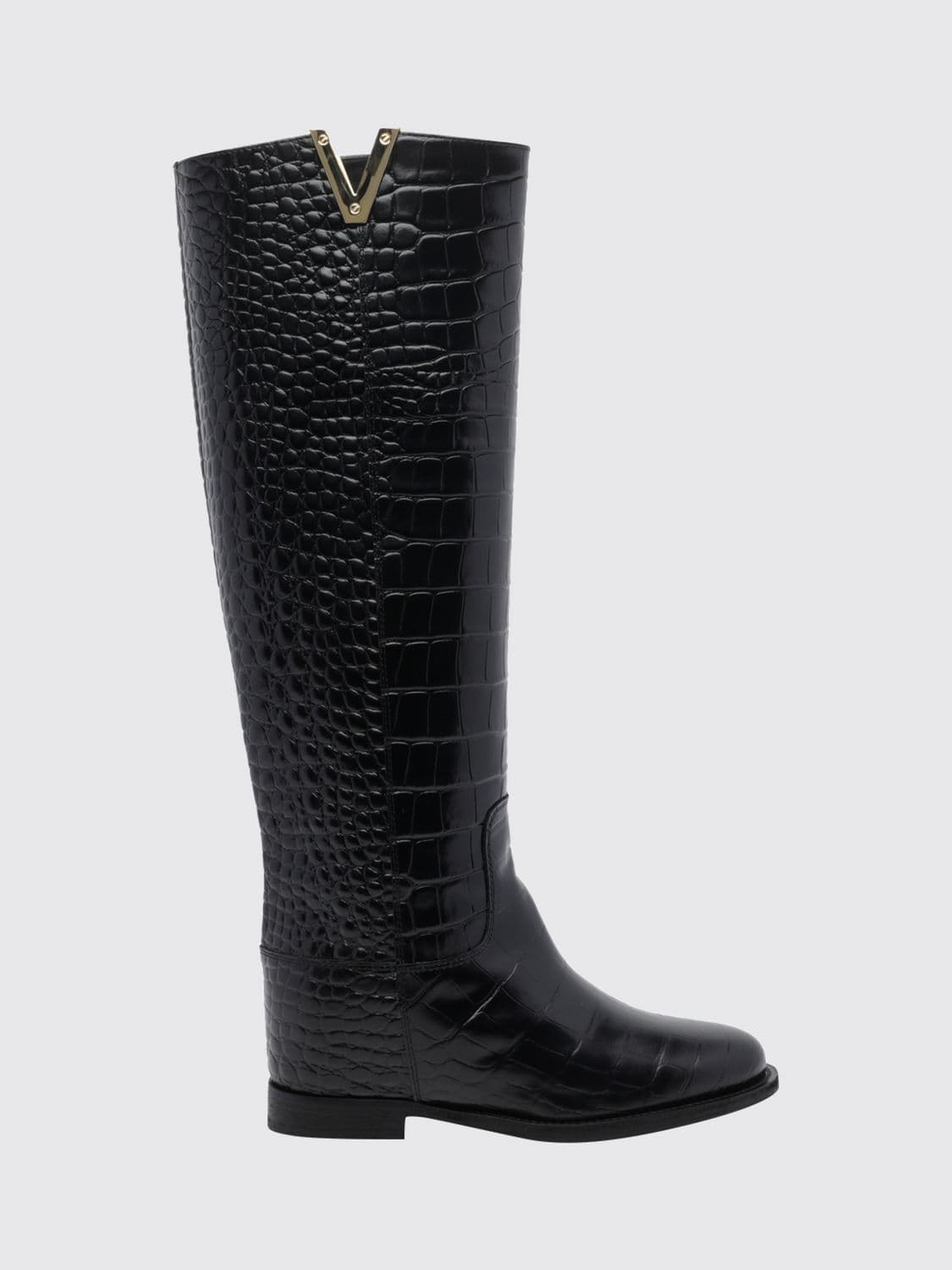Via Roma 15 Crocodile-Embossed Leather Knee-High Boots with Wedge Heel