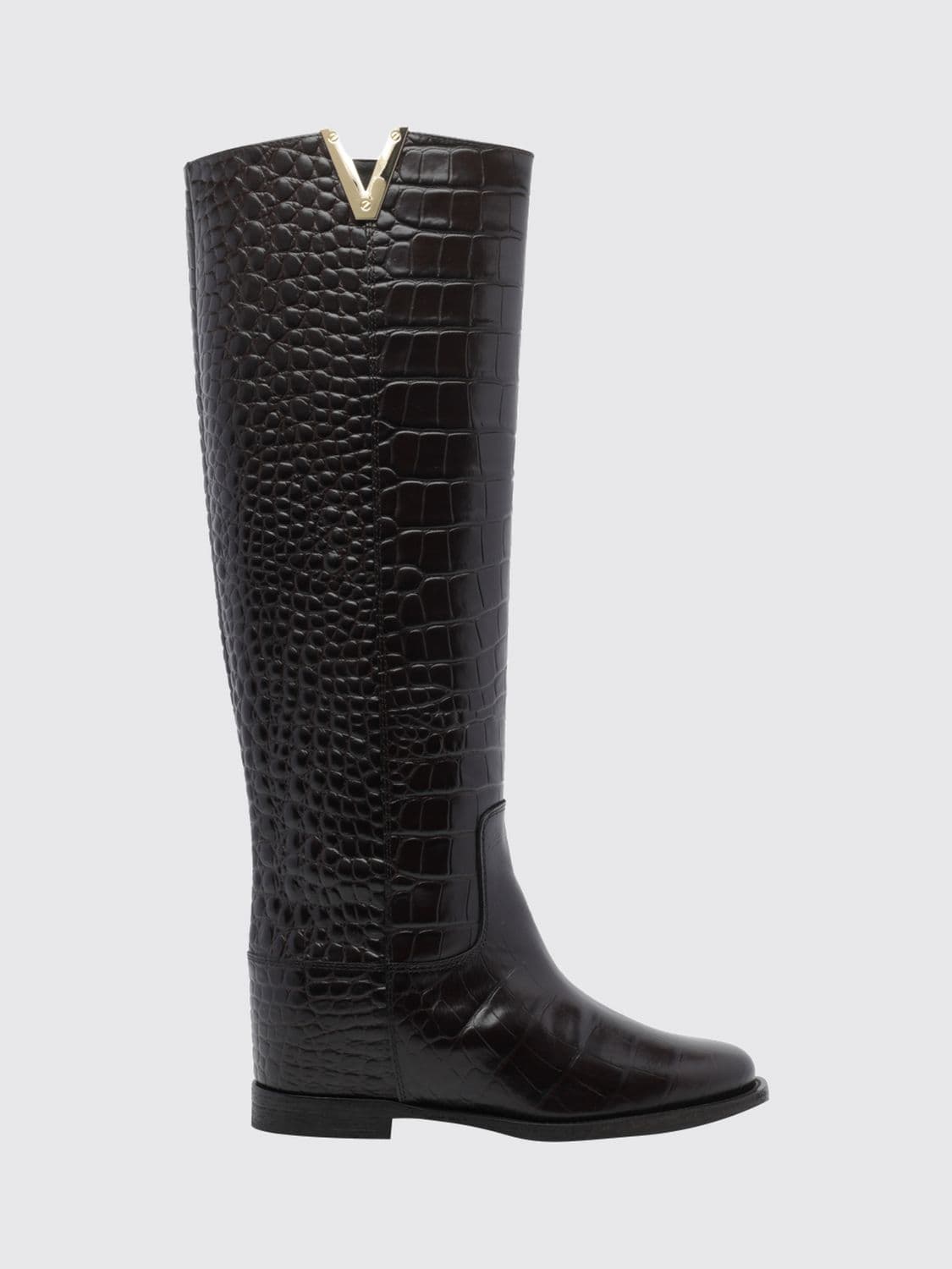 Via Roma 15 Crocodile-Embossed Leather Knee-High Boots with Wedge Heel
