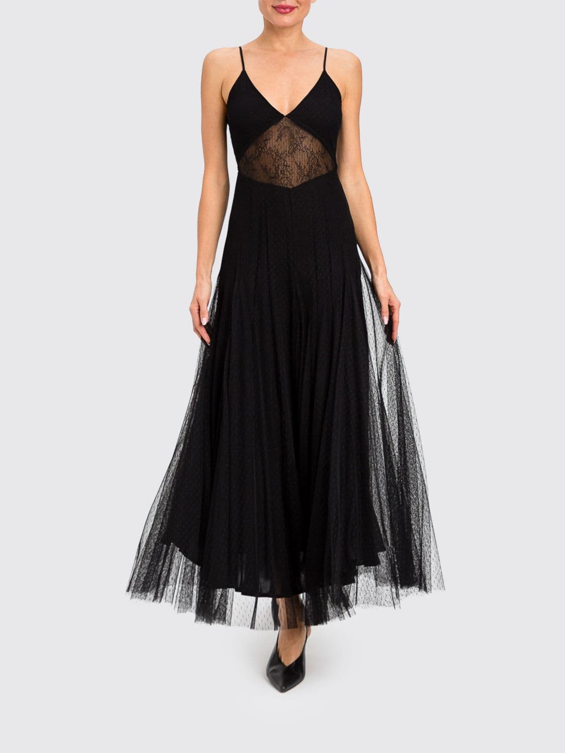 Twinset V-Neck Tulle and Lace Long Ceremony Gown with Thin Straps