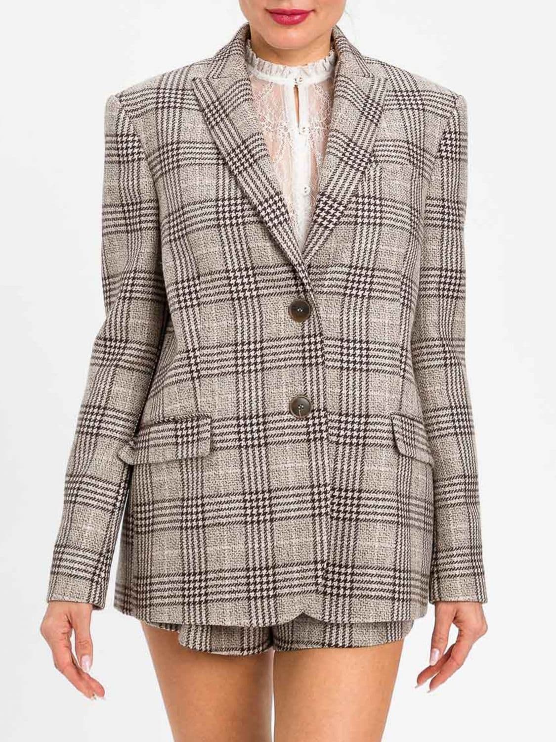 Twinset Single-Breasted Prince of Wales Check Wool-Blend Blazer