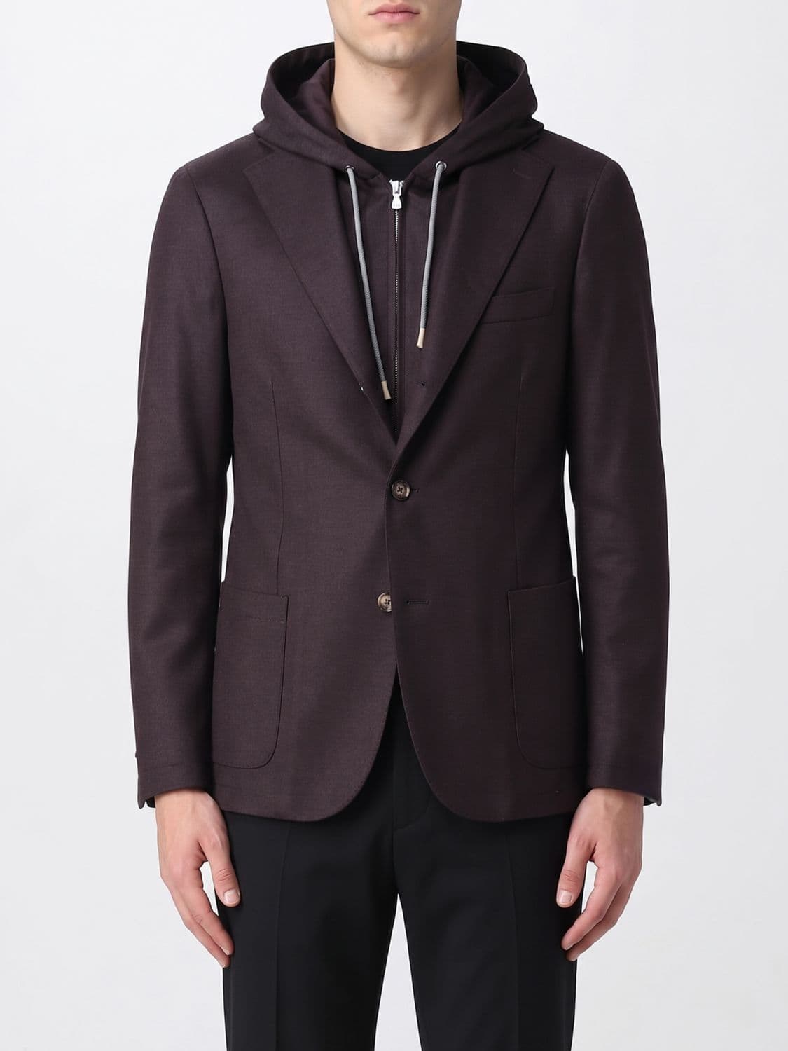 Eleventy Single-Breasted Blazer in Wool and Technical Fabric with a Zipped Hooded Insert