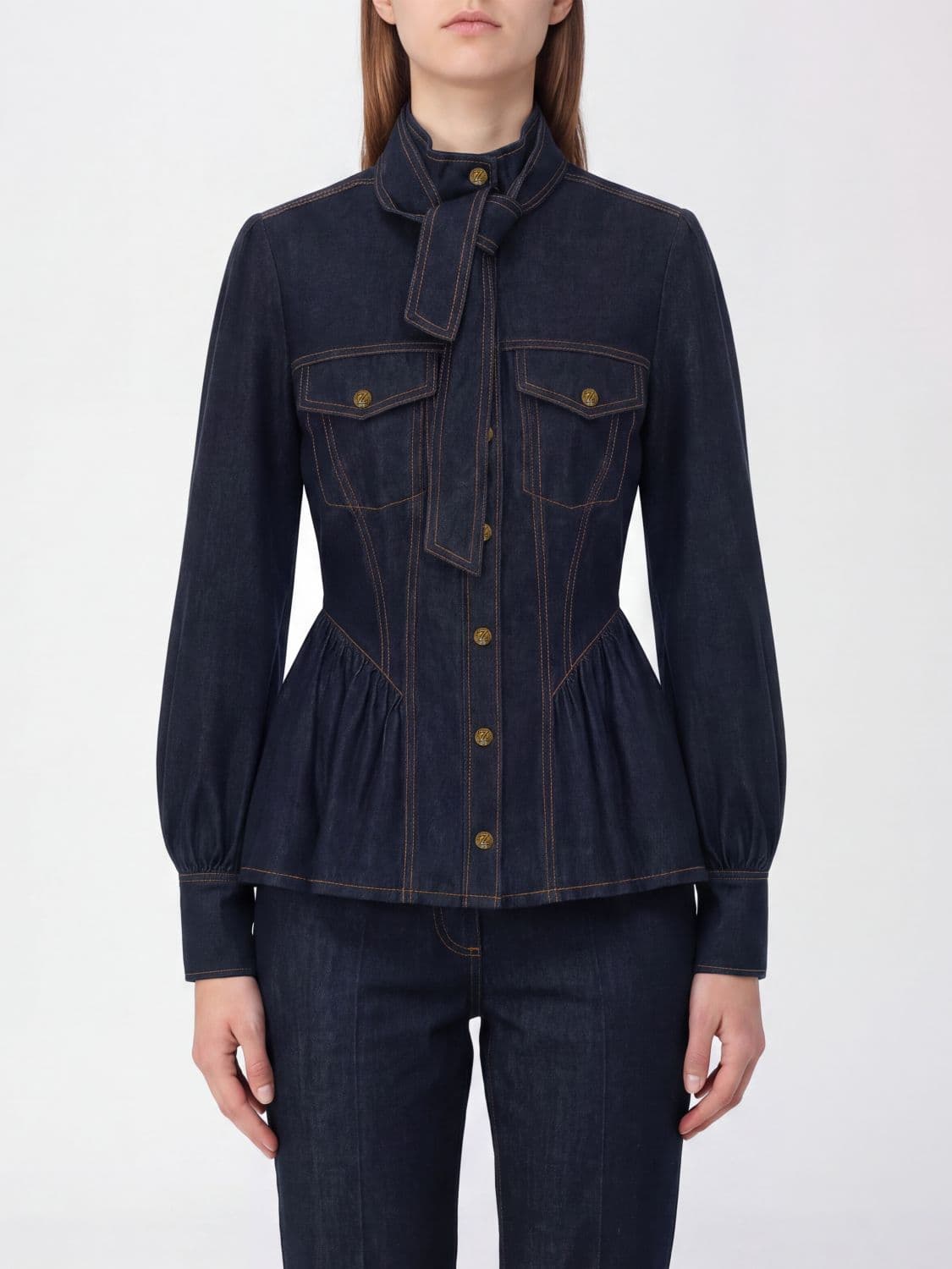 Zimmermann Pussy-Bow Slim Fit Cotton Denim Shirt