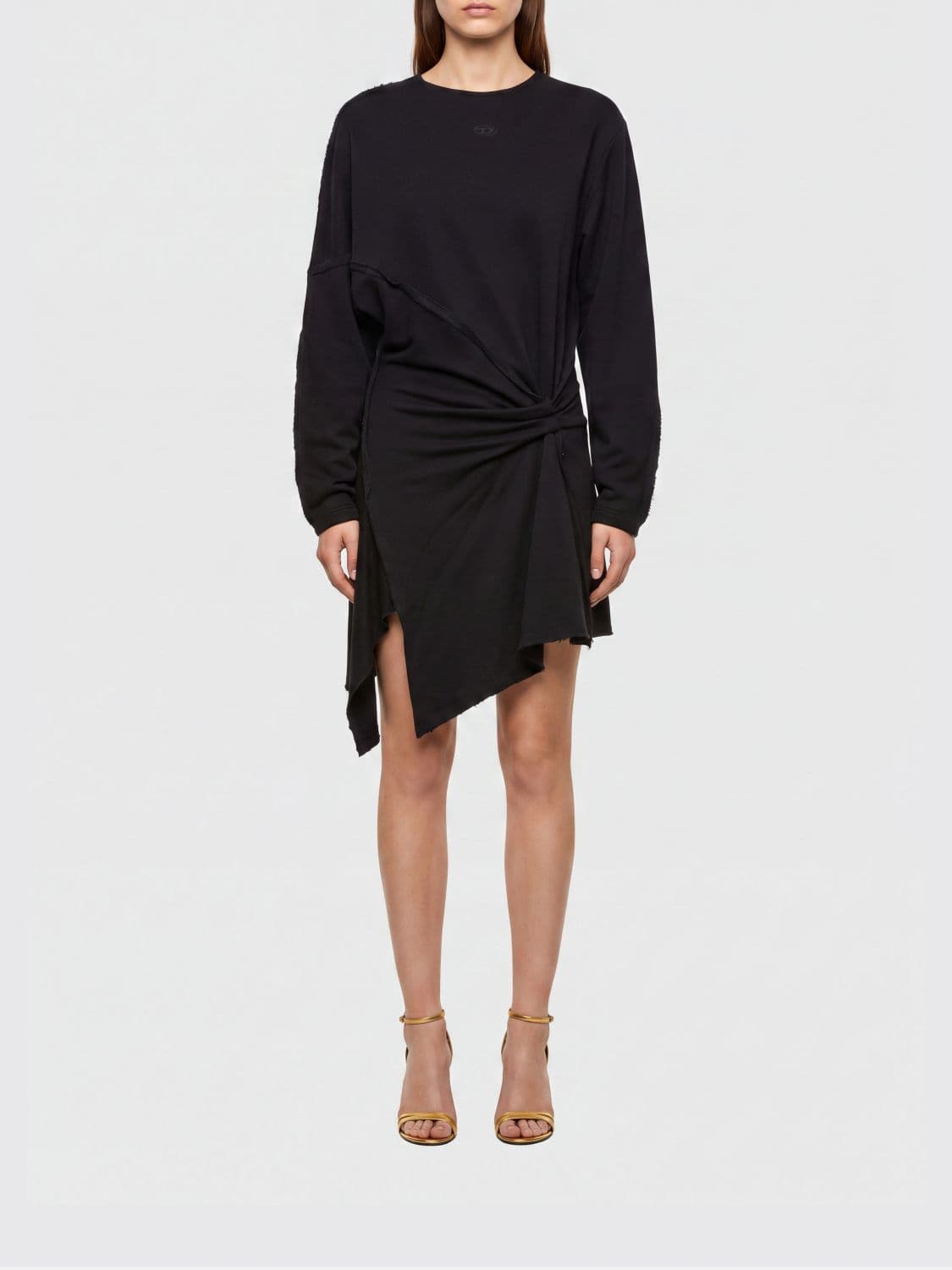 Diesel Asymmetrical Mini Dress in Cotton Blend with Draped Waist and Oval D Logo
