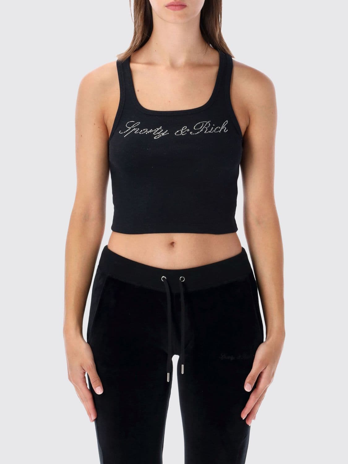 Sporty & Rich Cropped Stretch-Cotton Top with Square Neck and Rhinestone Logo