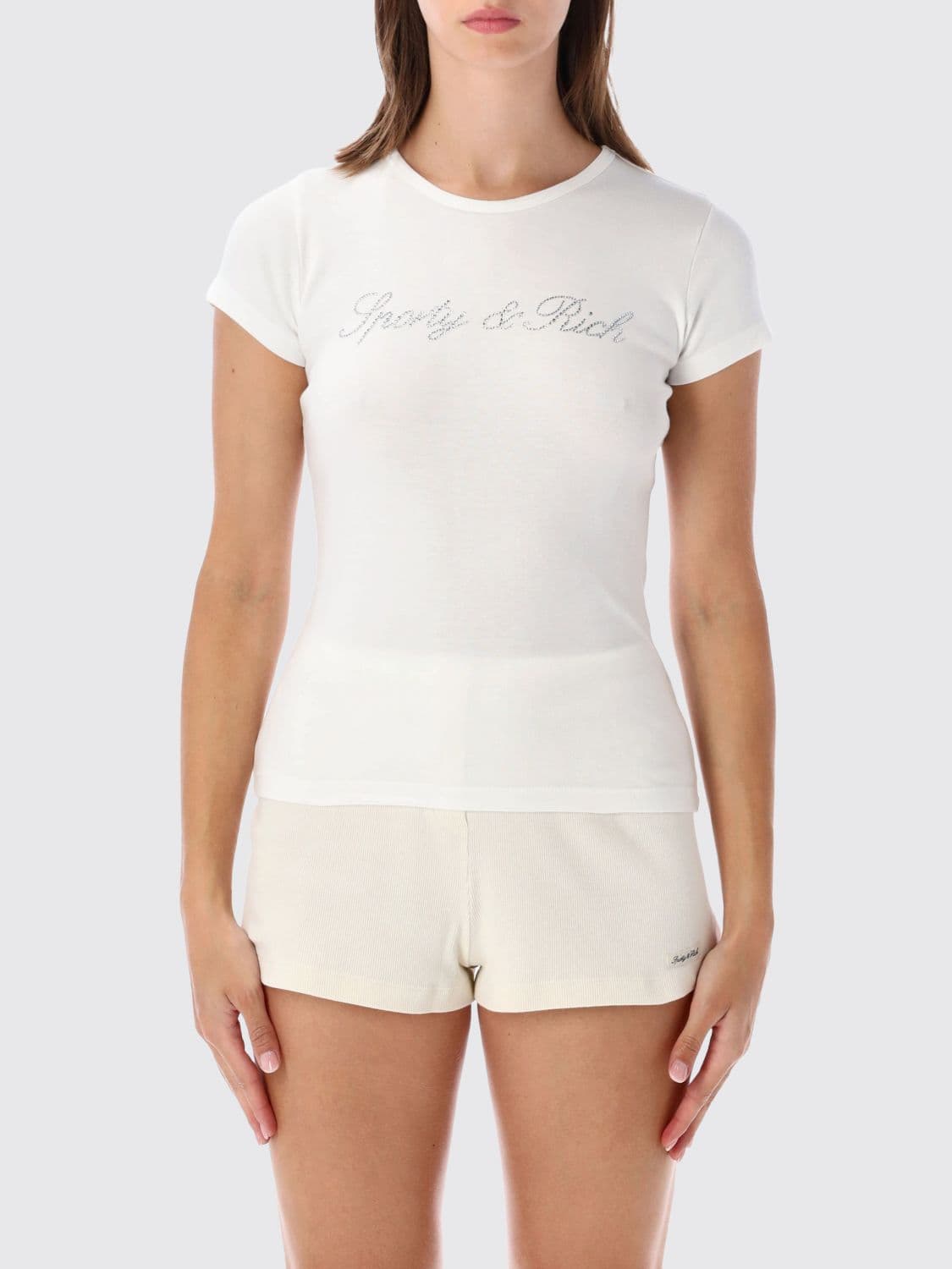 Sporty & Rich Slim Fit Cotton T-Shirt with Rhinestone Logo