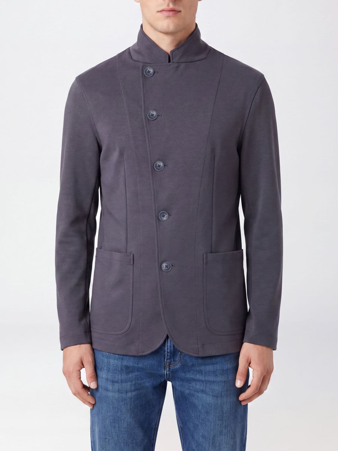 Emporio Armani Slim Fit Double-Breasted Short Jacket in Wool and Cotton Blend