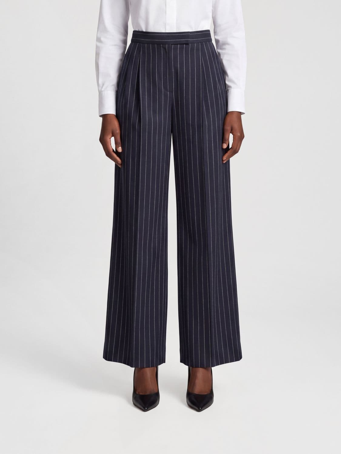 Max Mara High-Waisted Pinstripe Wide-Leg Trousers in Wool Blend