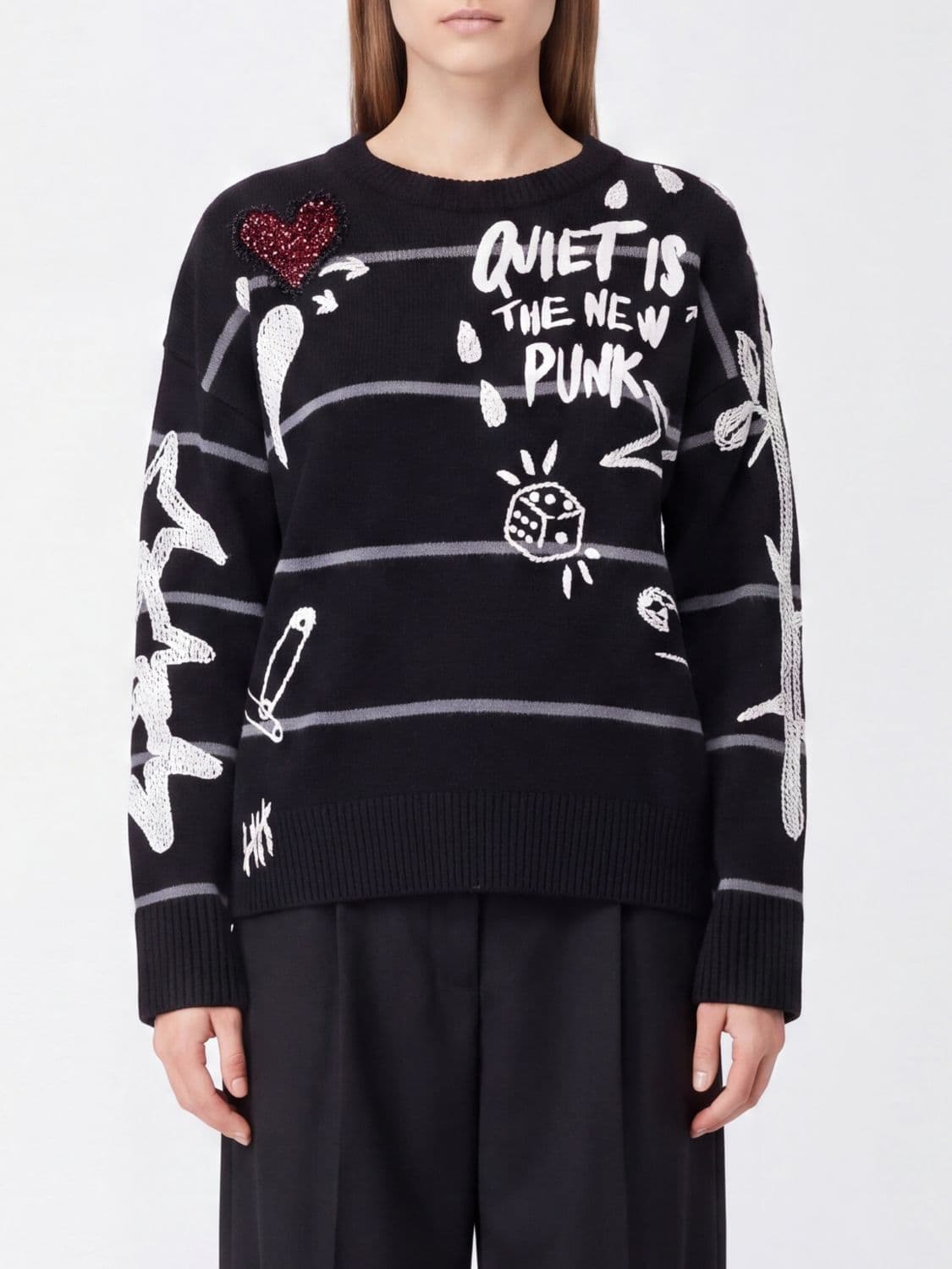 Pinko Andros Striped Crewneck Jumper with Embroidered Slogan and Crystals