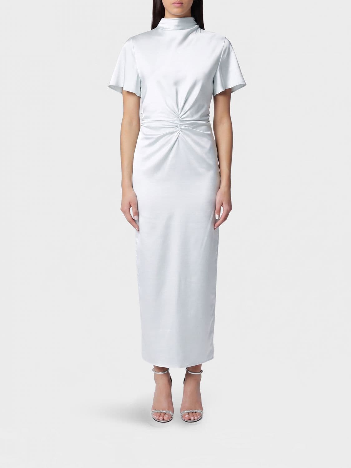 Rotate Ruched Waist Midi Sheath Dress in Recycled Satin with a High Neck