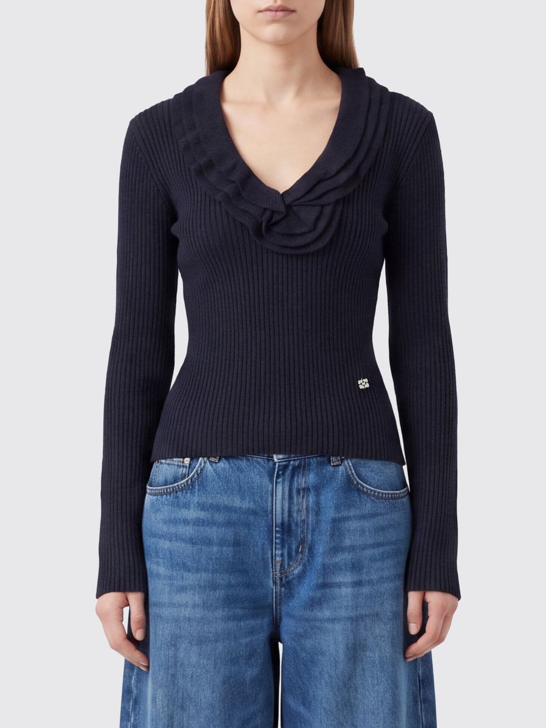 Ganni Slim Fit Ribbed Wool V-Neck Jumper with Butterfly Logo