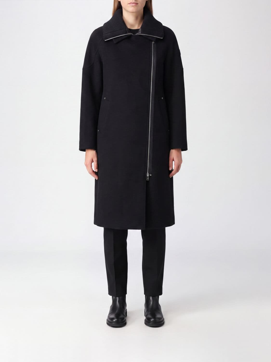 Moose Knuckles Double-Breasted Long Wool Blend Coat with Dropped Shoulders