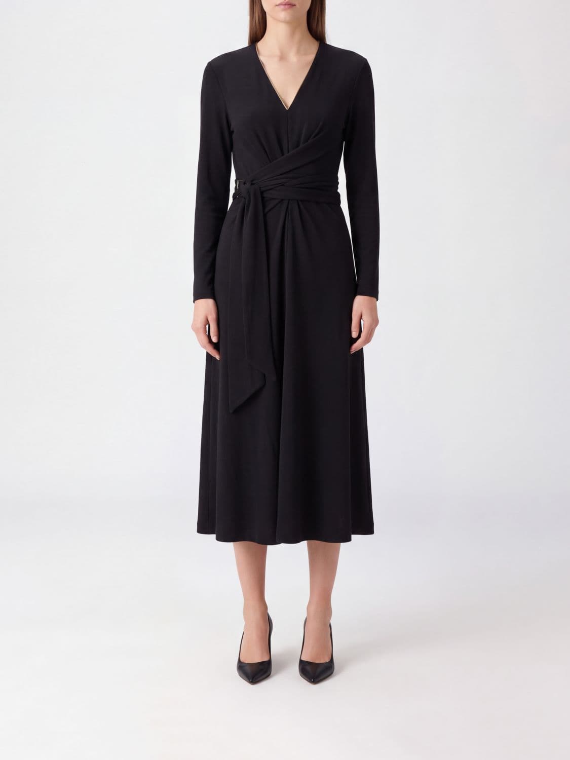 Brunello Cucinelli V-Neck Virgin Wool Midi Dress with Belt