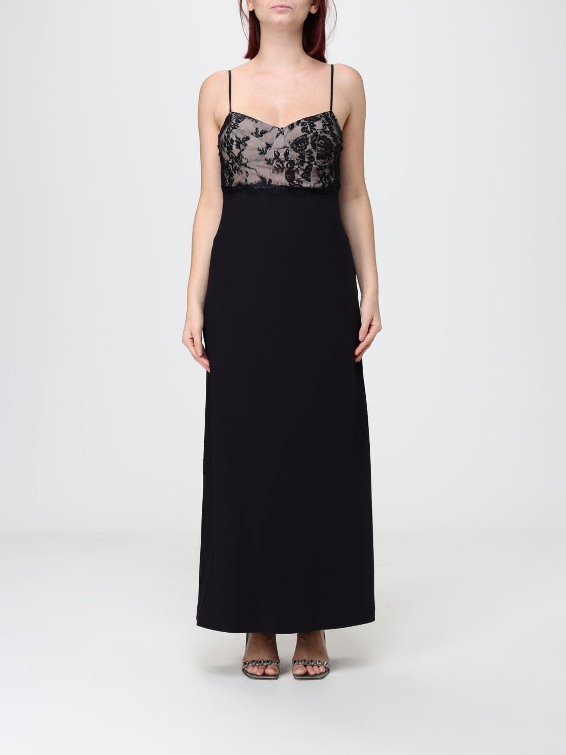 Hanita Crêpe Sheath Midi Dress with Lace Inserts and V-Neck