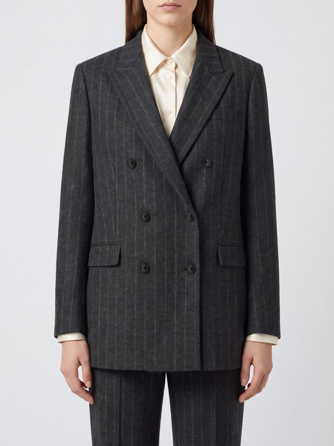 Tagliatore Pinstriped Double-Breasted Blazer in Grey Wool Blend with Peak Lapels