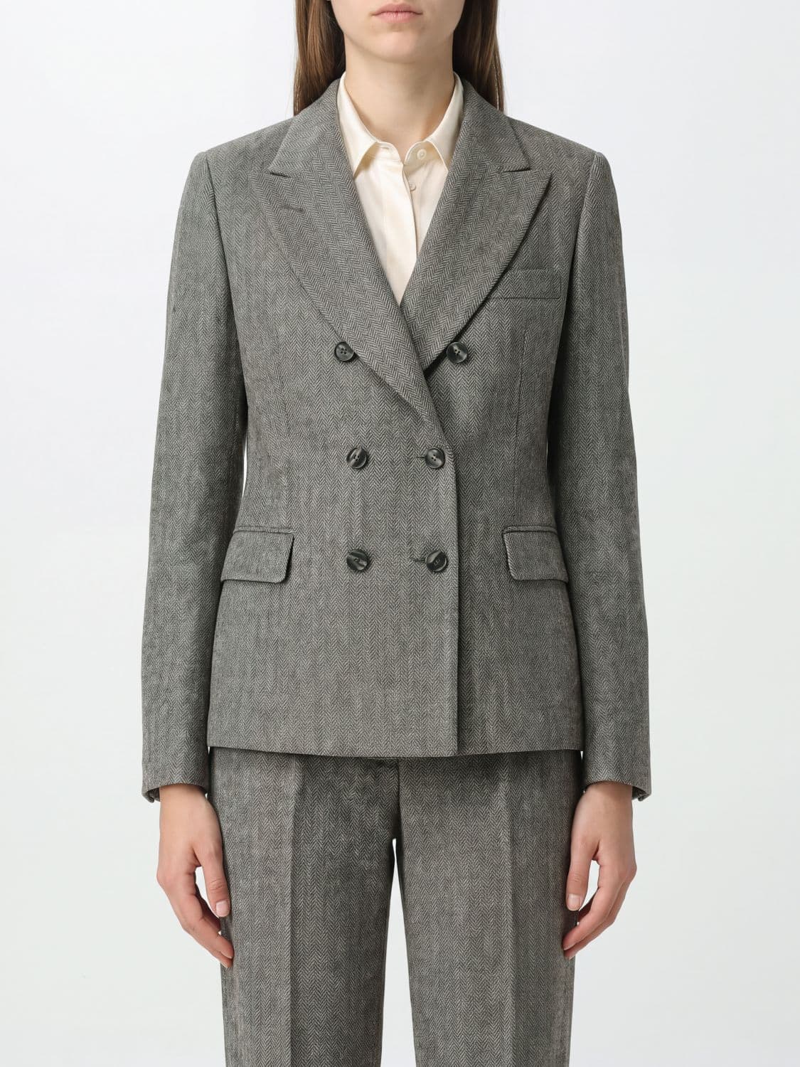 Tagliatore Slim Fit Double-Breasted Blazer with Chevron Pattern in Wool and Cashmere