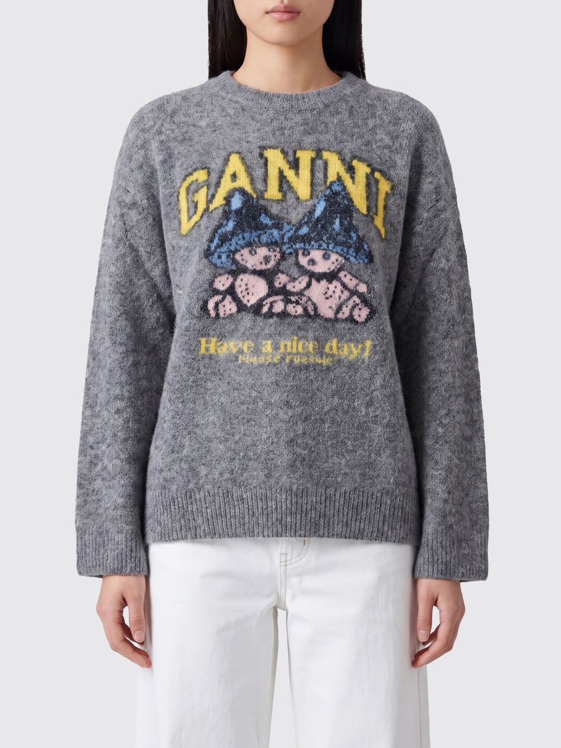 Ganni Crewneck Sweater in an Alpaca Blend with a Contrasting Graphic Jacquard Logo