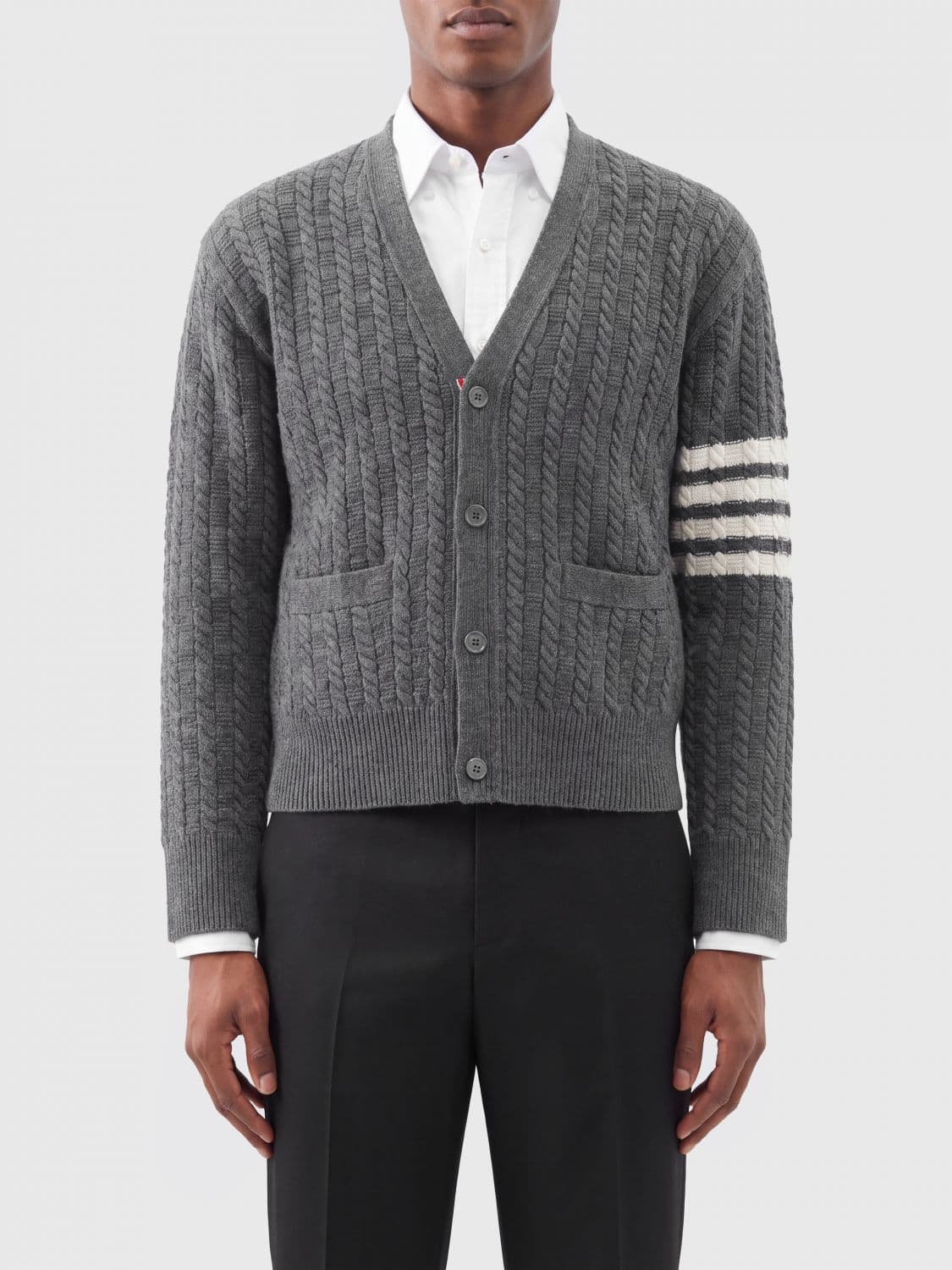 Thom Browne 4-Bar Stripe V-Neck Slim Fit Wool Tricot Cardigan