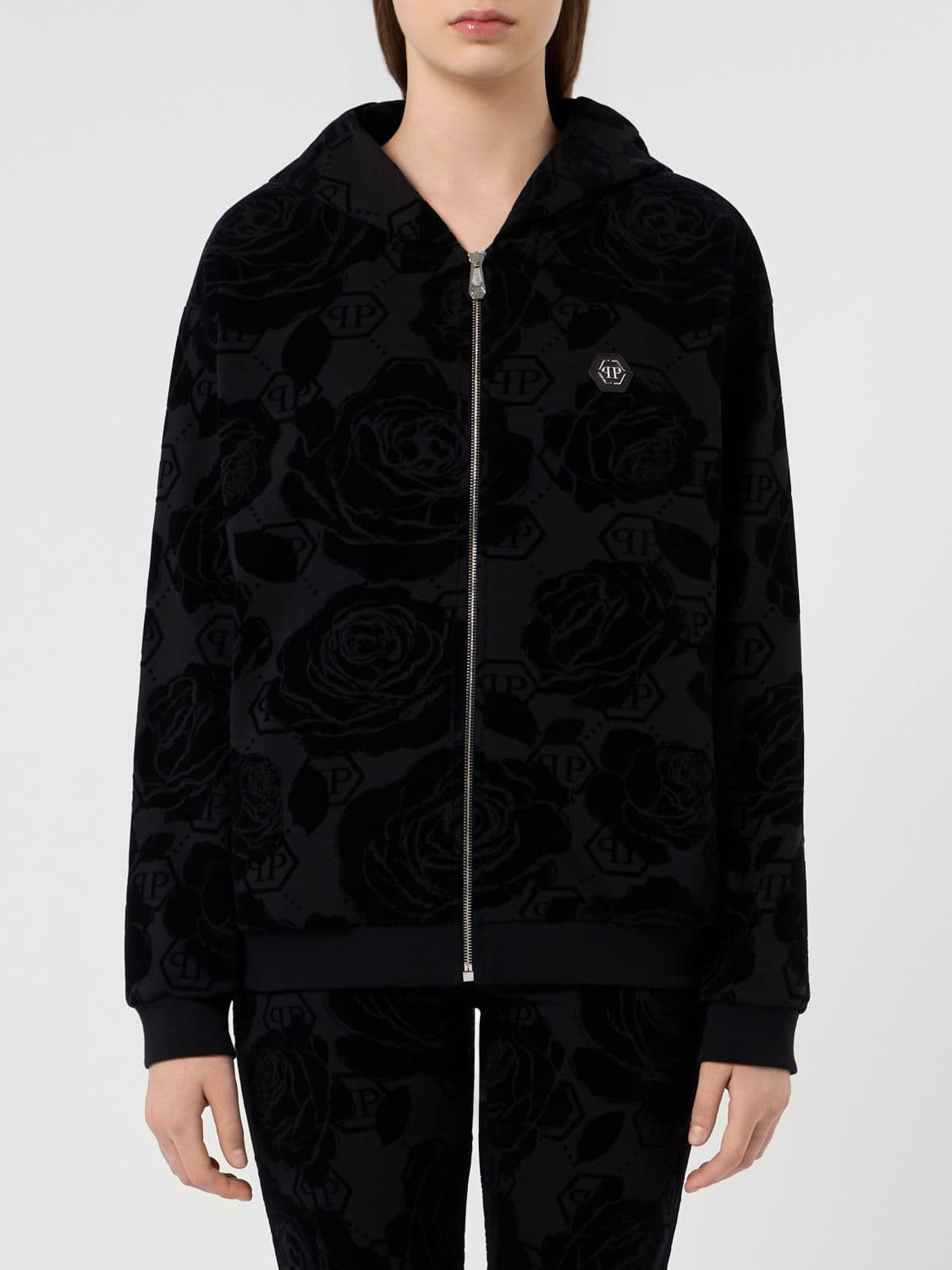 Philipp Plein Hooded Zip-Up Sweatshirt with Floral and Monogram Print
