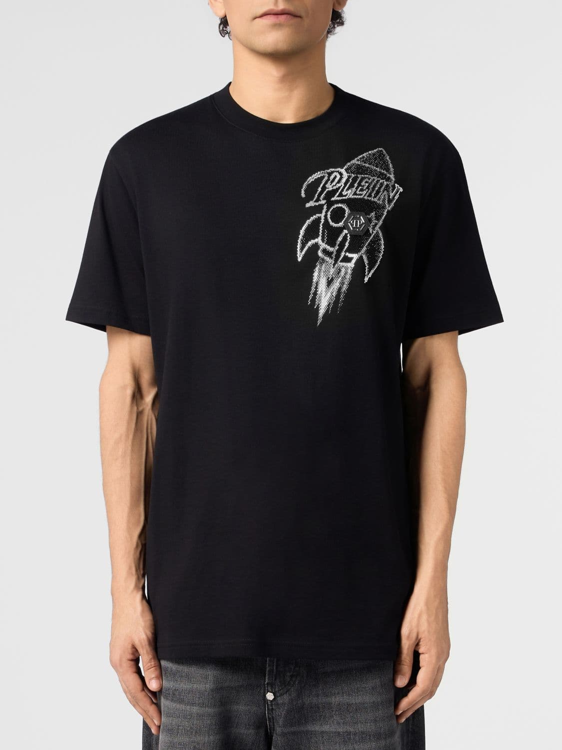 Philipp Plein Crew-Neck Cotton T-Shirt with Graphic Print and Rhinestones
