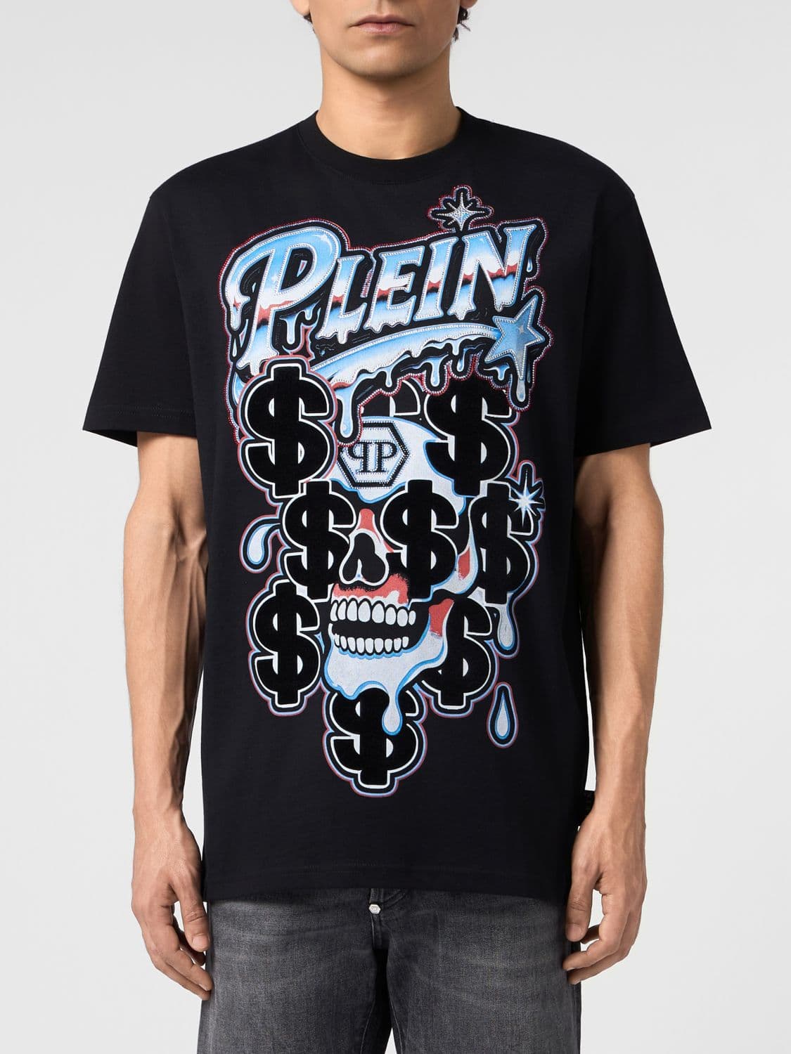 Philipp Plein Cotton T-Shirt with Skull Print Embellished with Rhinestones