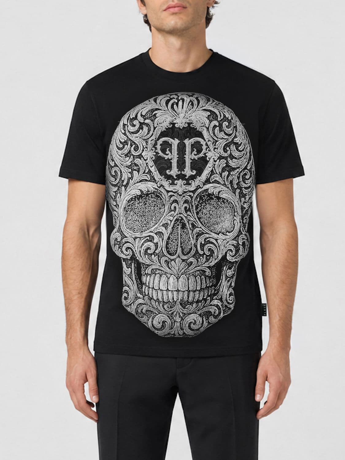 Philipp Plein Black Cotton T-Shirt with Skull Print and Rhinestone Application
