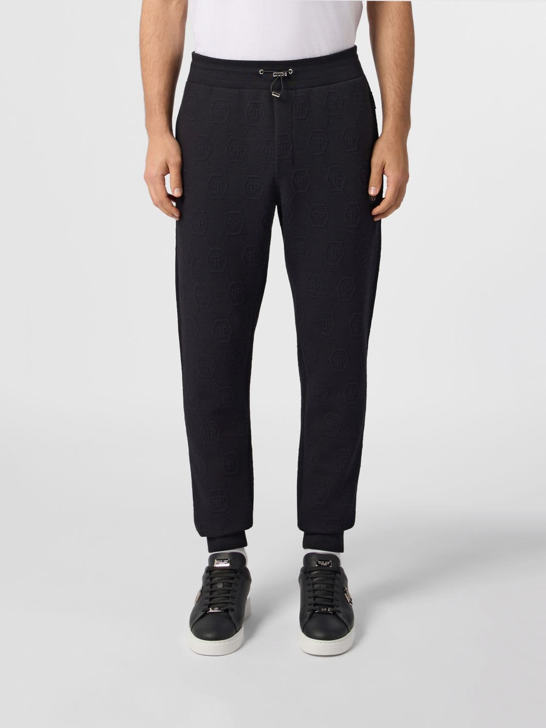 Philipp Plein Jersey Jogging Trousers with Drawstring and Jacquard Hexagon Logo