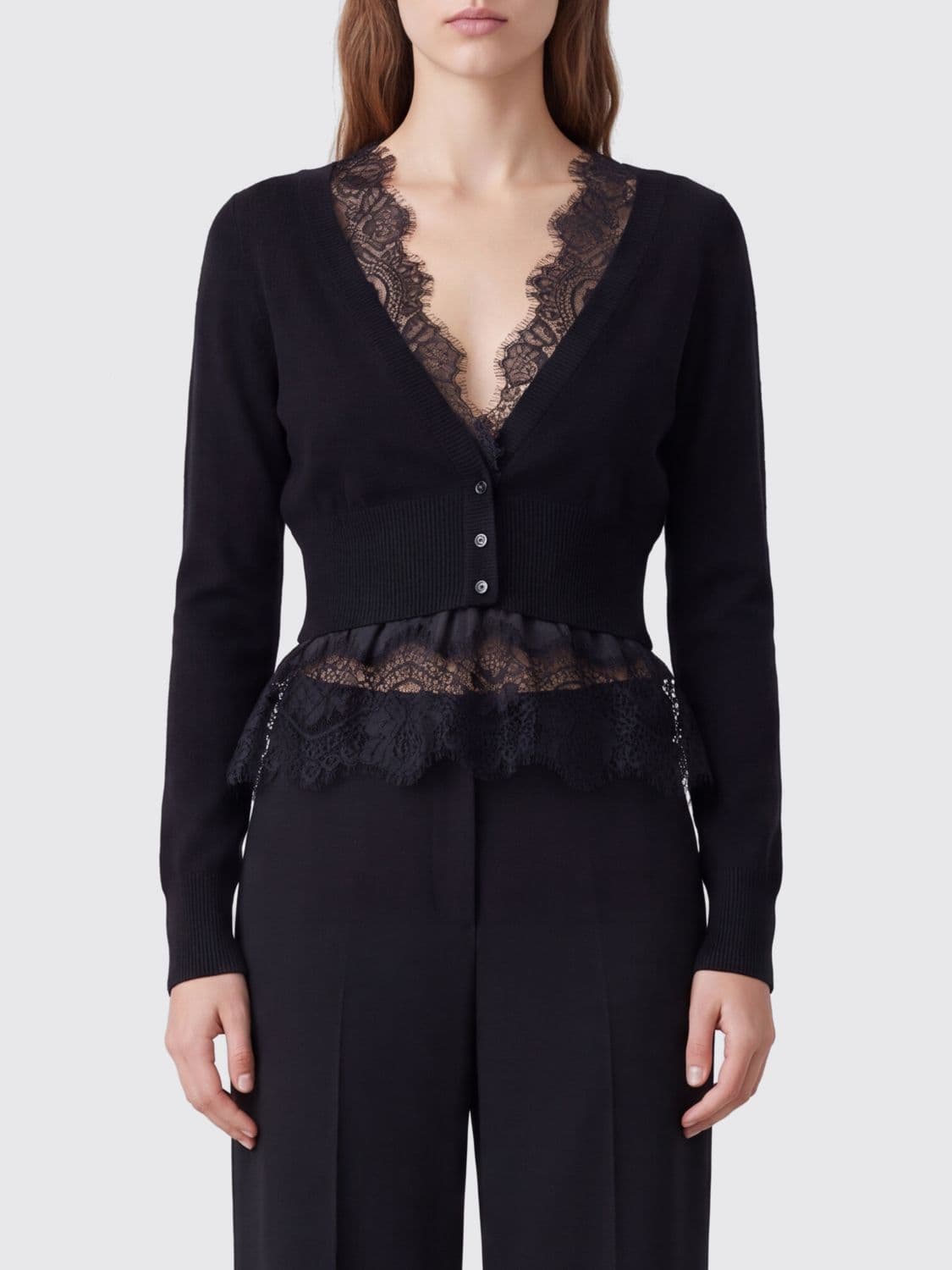 Ermanno Scervino Slim Fit Cashmere Cardigan with V-Neck and Lace Inserts