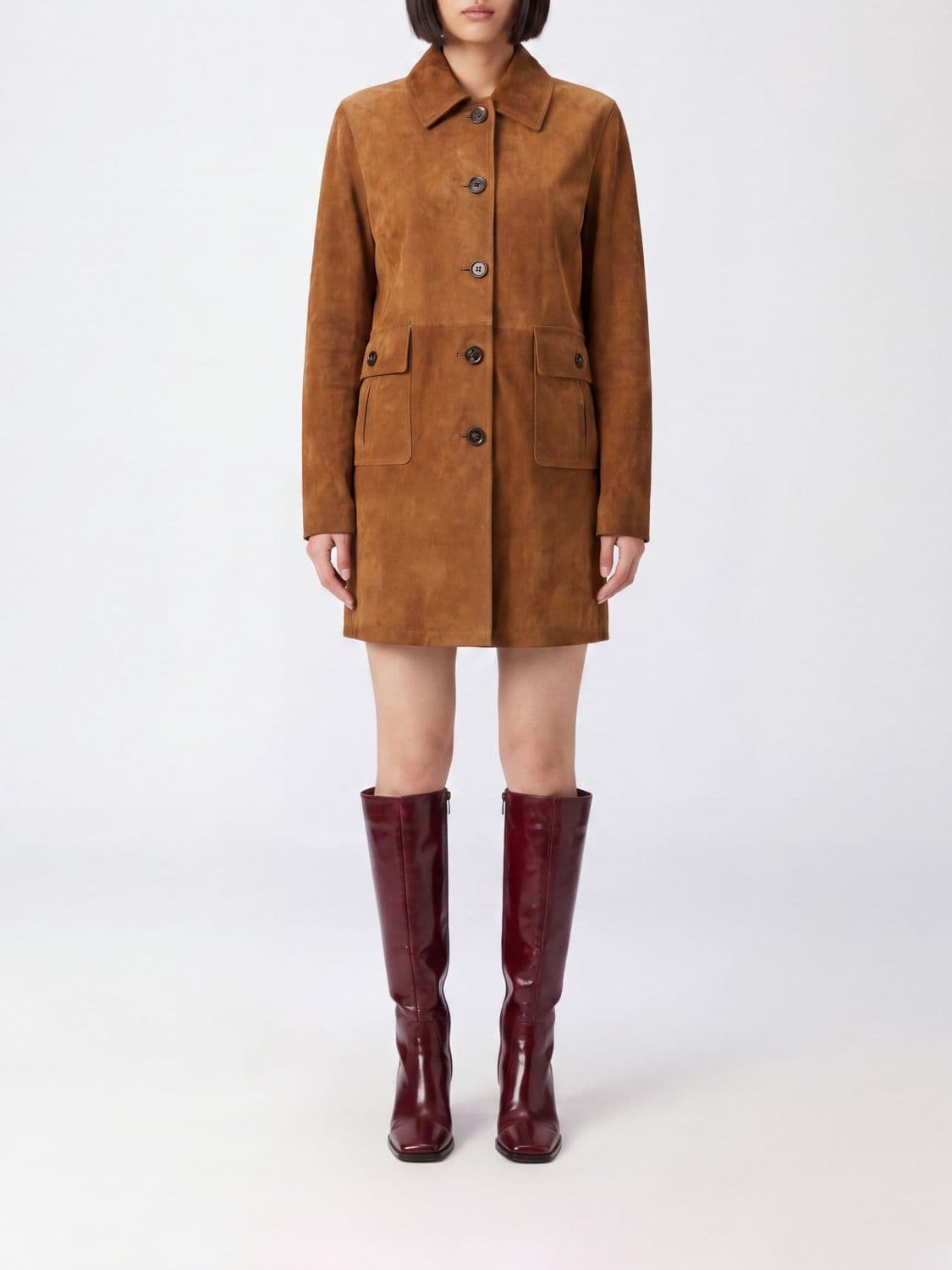 Valstar Knee-Length Single-Breasted Suede Coat with Classic Collar