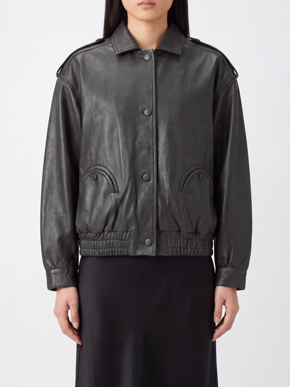 Blazé Milano Lambskin Leather Bomber Jacket with Dropped Shoulders and Epaulets · OS