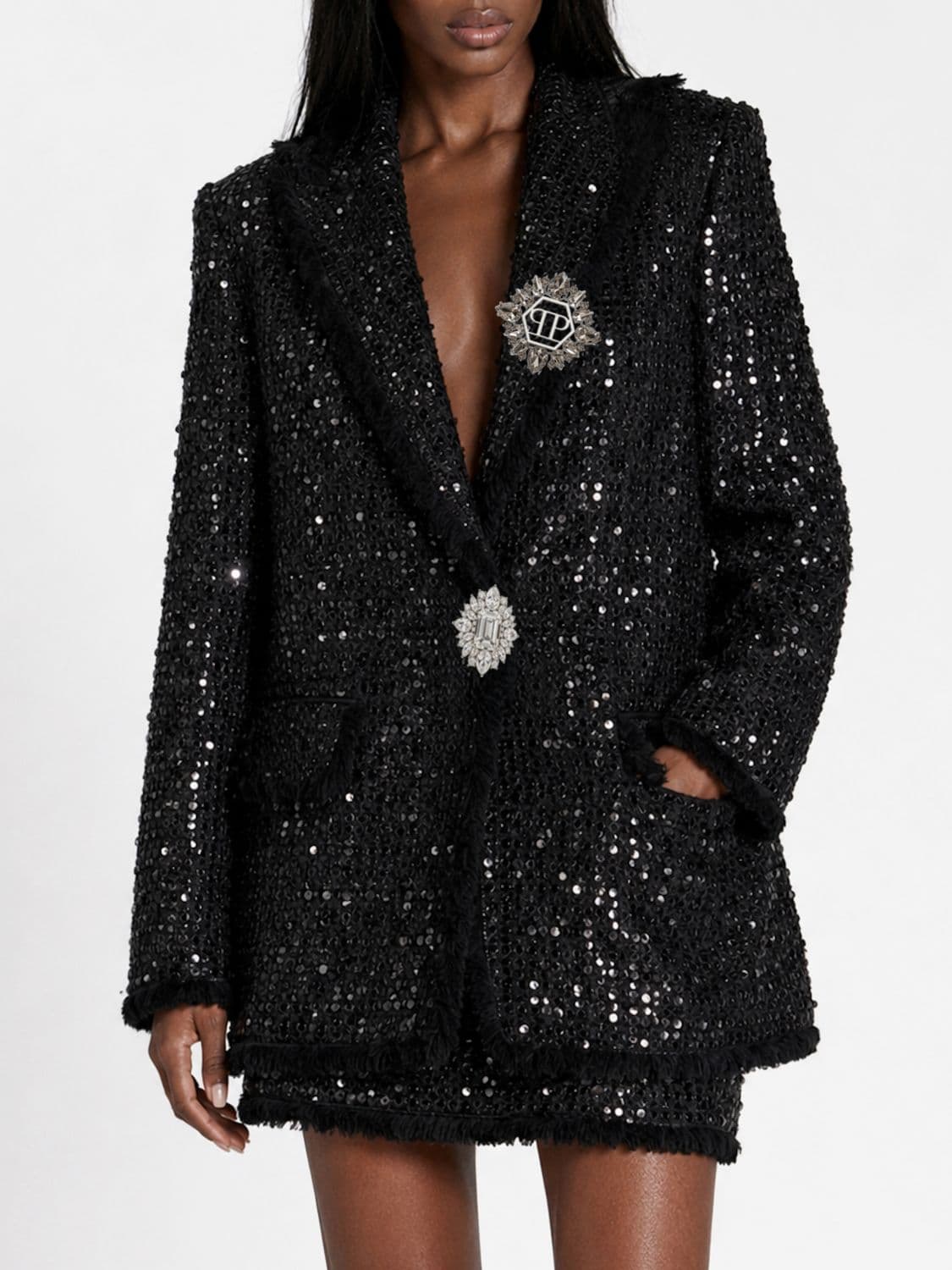 Philipp Plein Short Tweed Blazer with Sequin Embroidery and Jewel Button