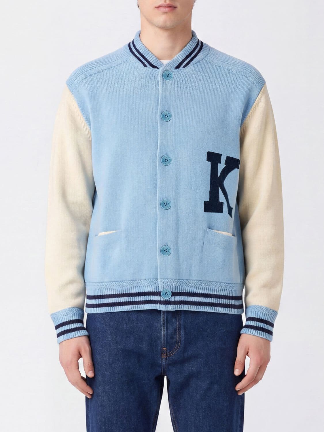 Kenzo Varsity Cardigan in Merino Wool with Bomber Collar and Patch Pockets