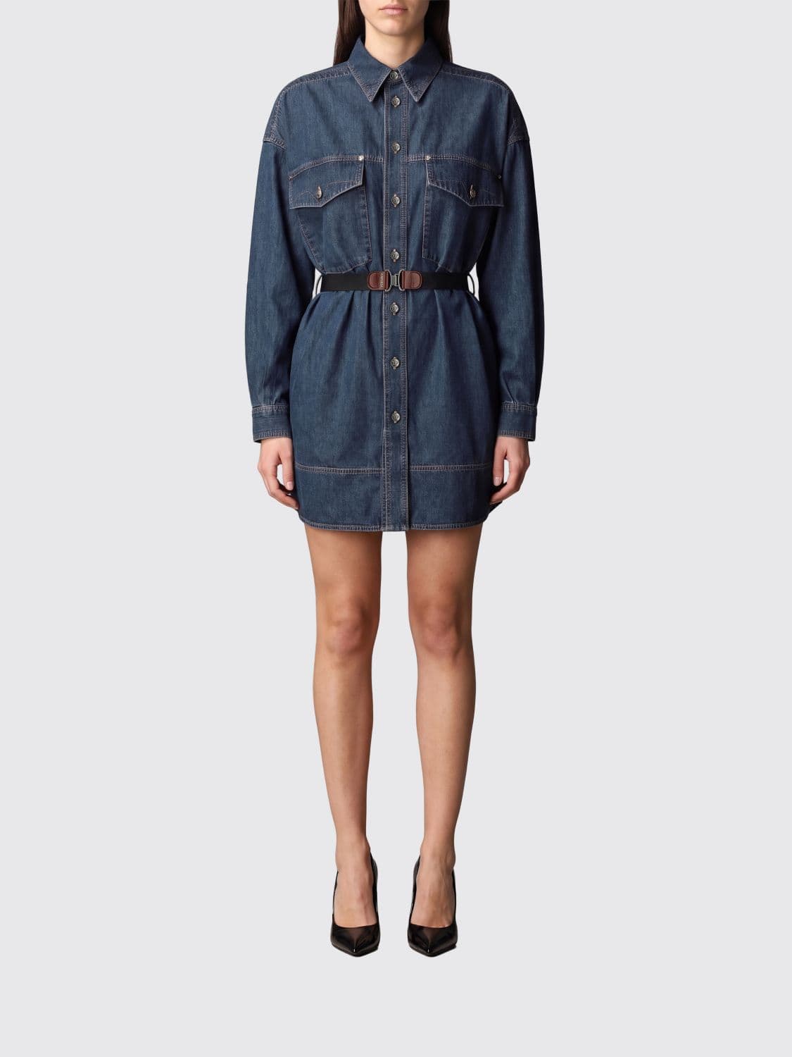 Versace Denim Cotton Mini Shirt Dress with Waist Belt