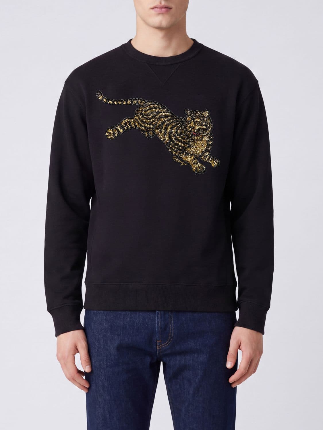 Kenzo Tiger Paris Relaxed Fit Cotton Crewneck Sweatshirt with Embroidery and Rhinestones
