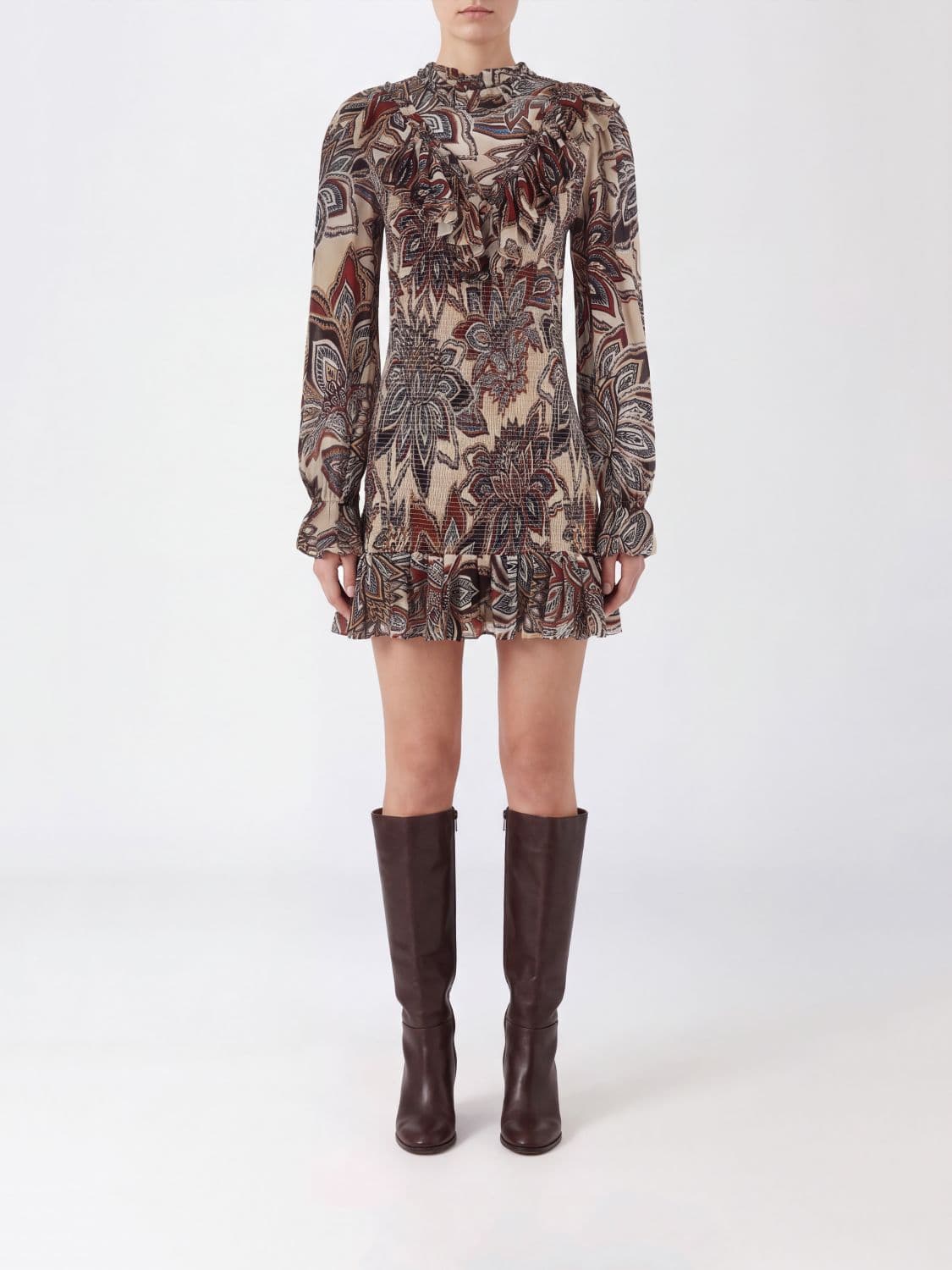 Farm Rio Tapestry Flowers Viscose Paisley Print Mini Dress with Long Sleeves