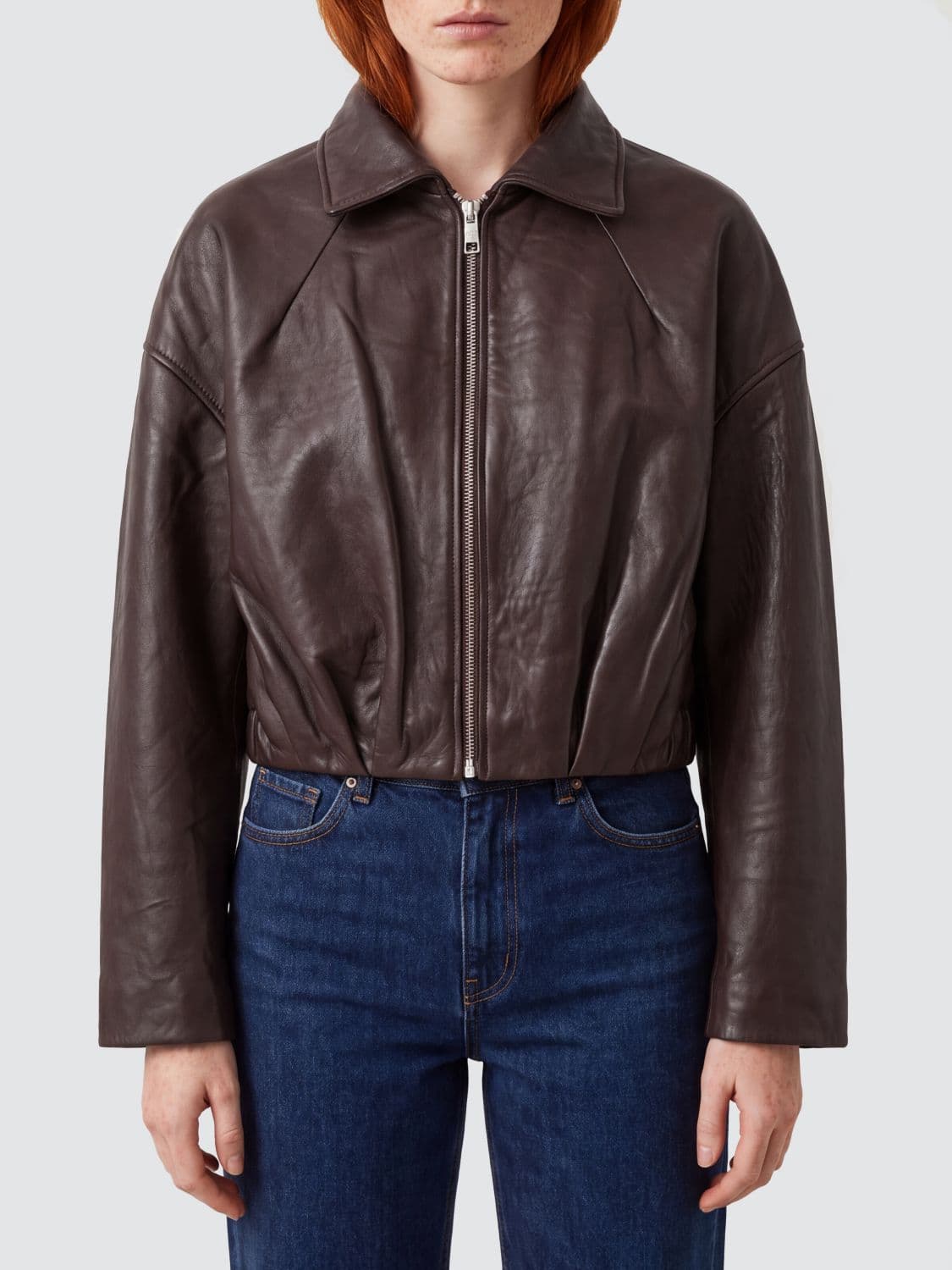 Rotate Relaxed Fit Cropped Lambskin Leather Jacket with Zip Closure