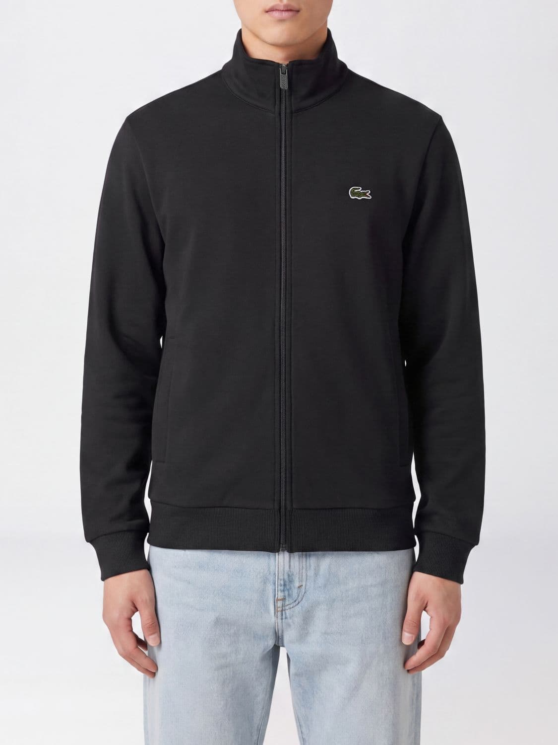 Lacoste Zip-Up Cotton Blend Sweatshirt with Turtleneck and Logo Patch