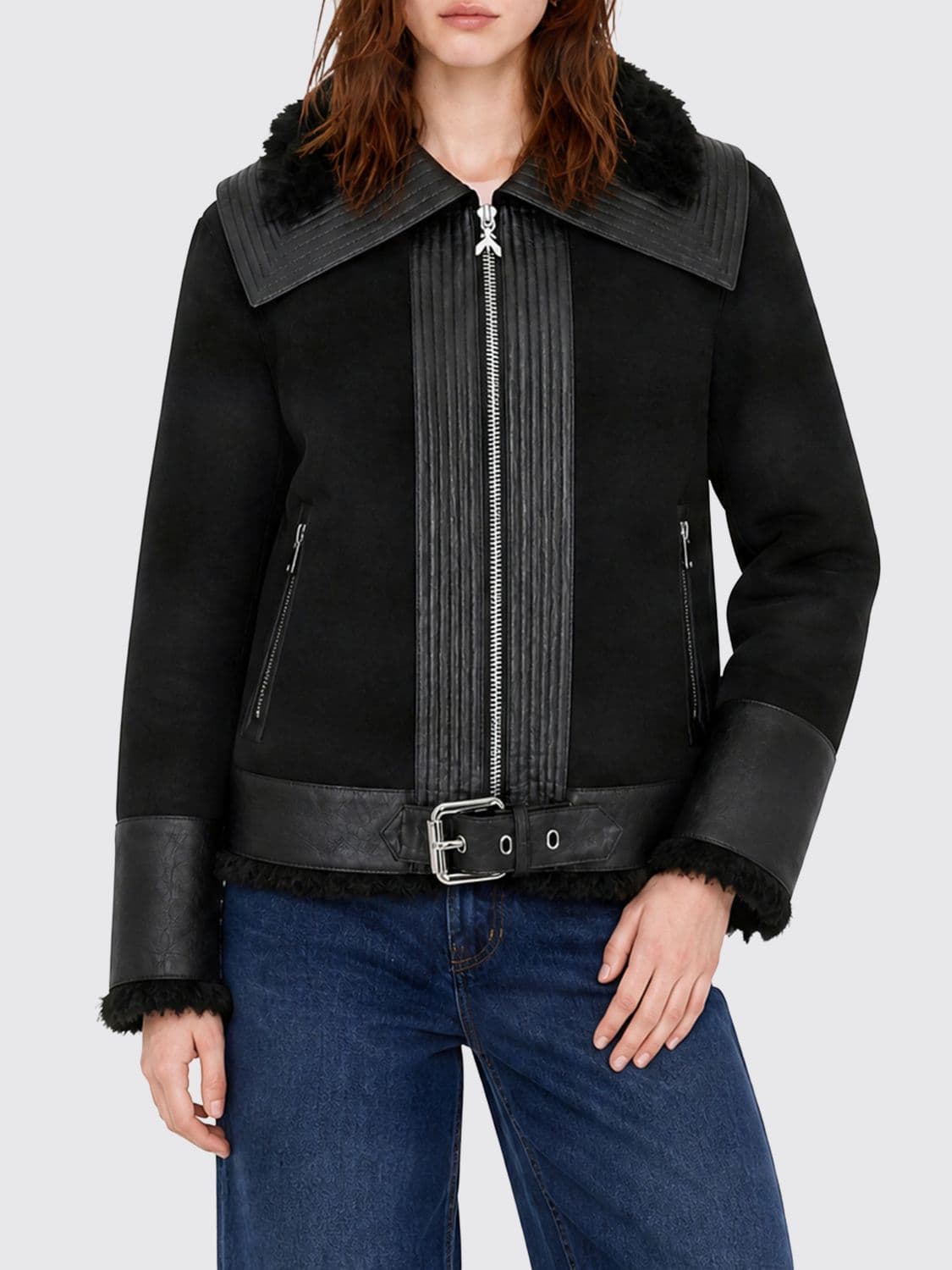 Patrizia Pepe Cropped Faux Fur Jacket with Classic Collar and Zip Pockets
