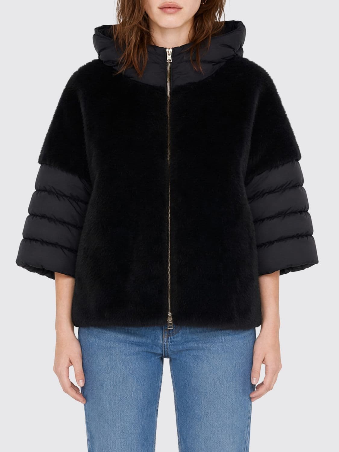 Herno Short Quilted Satin Coat with Faux Fur Hood