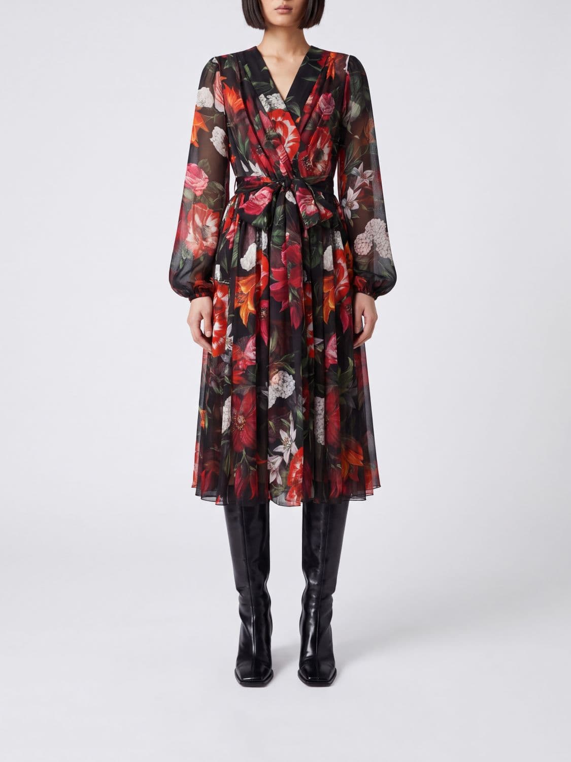 Dolce & Gabbana Floral Midi Silk Dress with Balloon Sleeves