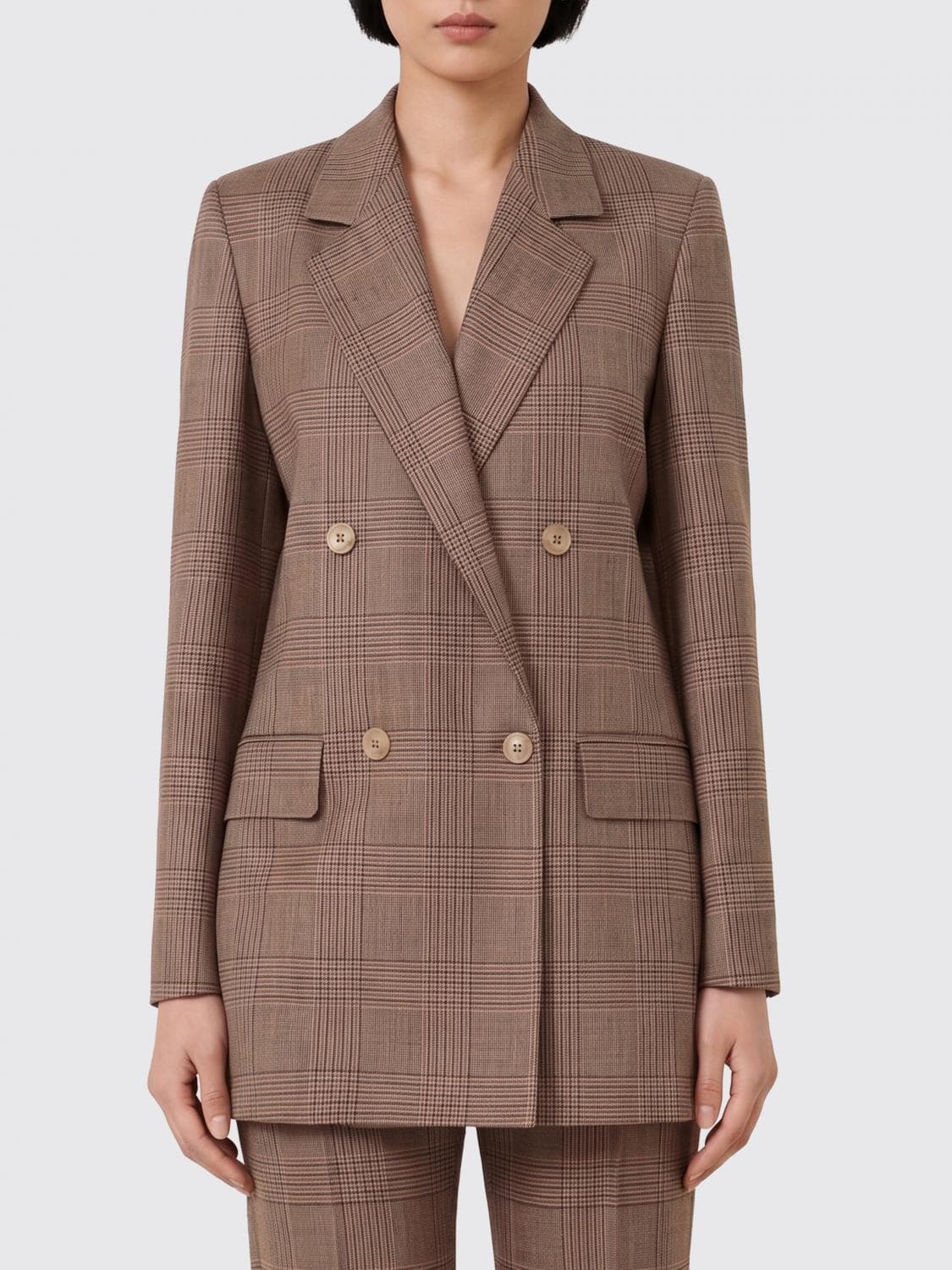 Max Mara Prince of Wales Wool Double-Breasted Blazer with Peak Lapels