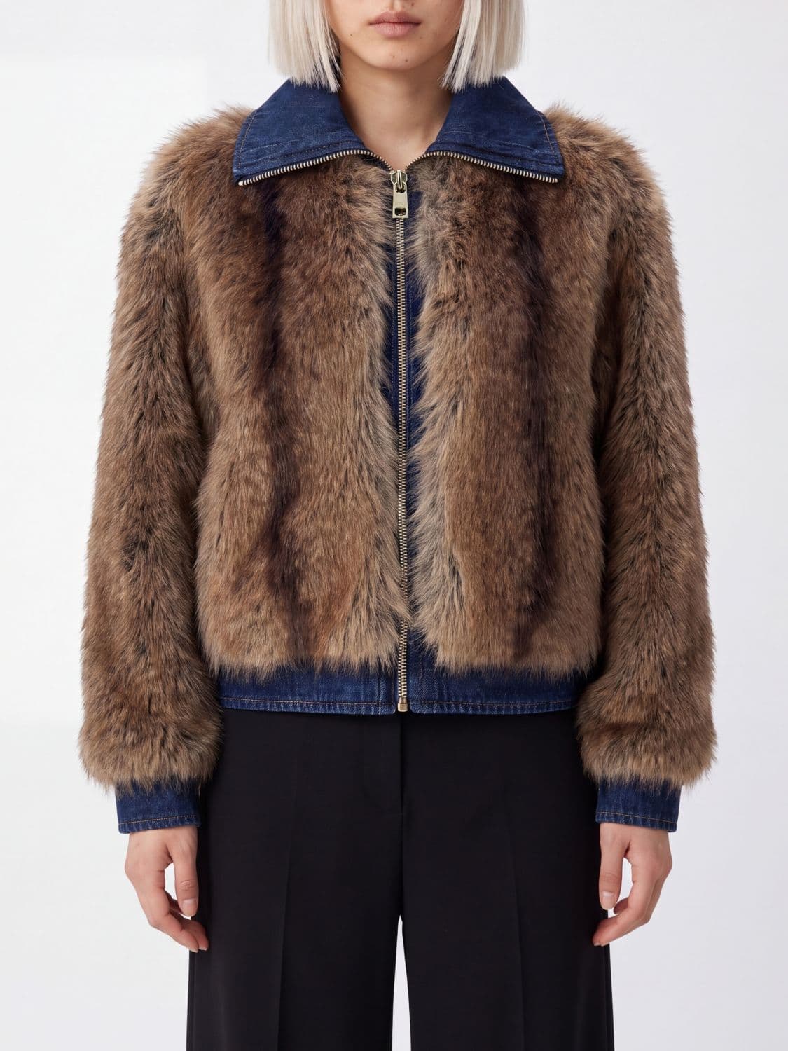 Liu Jo Cropped Faux Fur Bomber Jacket with Classic Collar