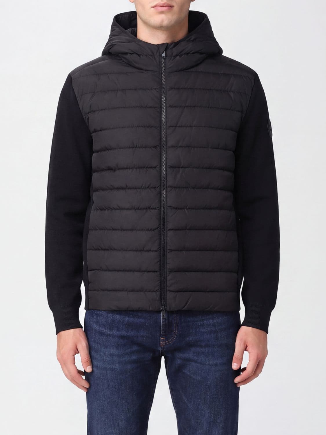 Canada Goose Hooded Down Jacket in Wool and Nylon with Knit Inserts