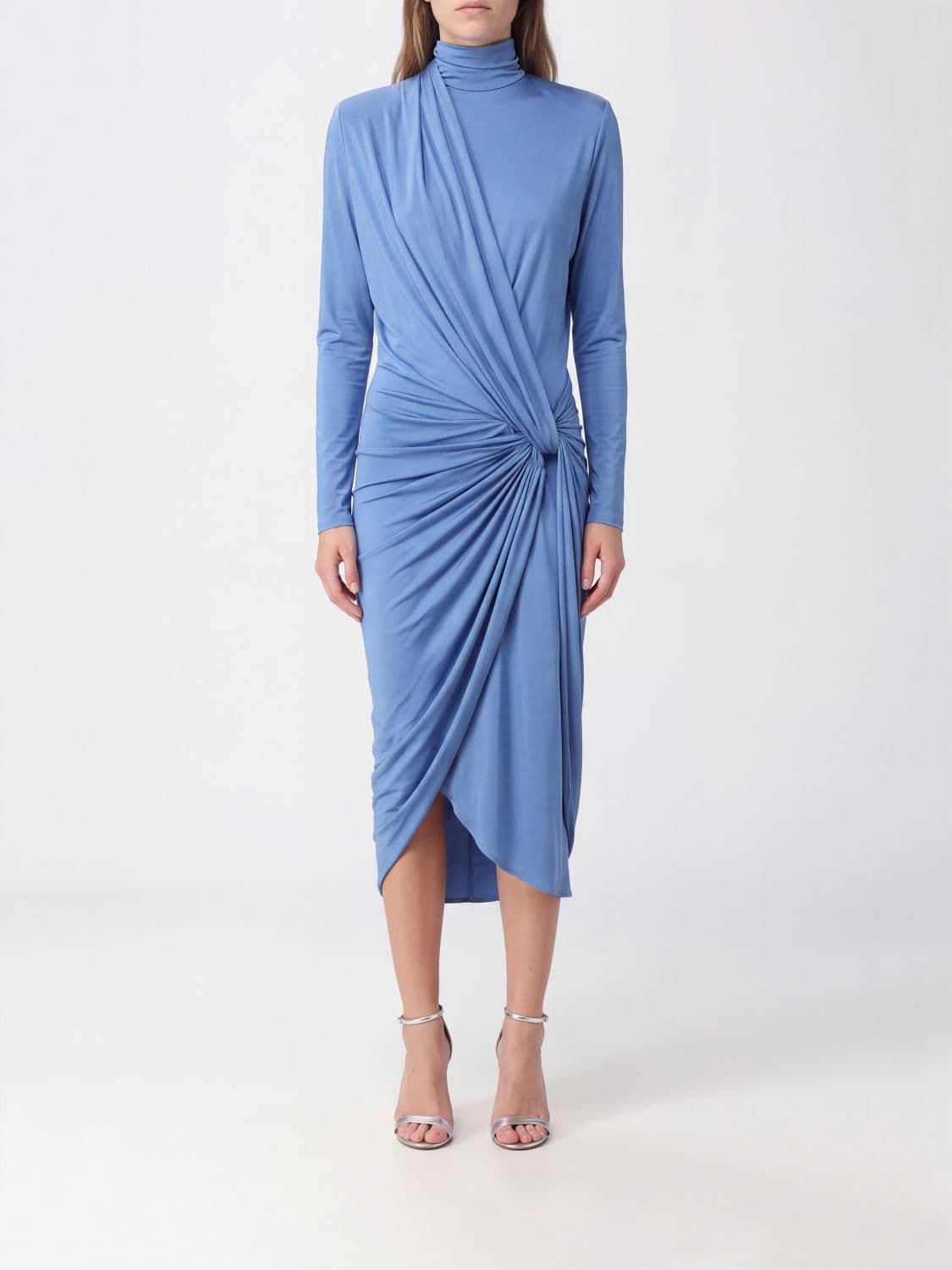 Balmain Asymmetric Draped High-Neck Midi Dress in Jersey