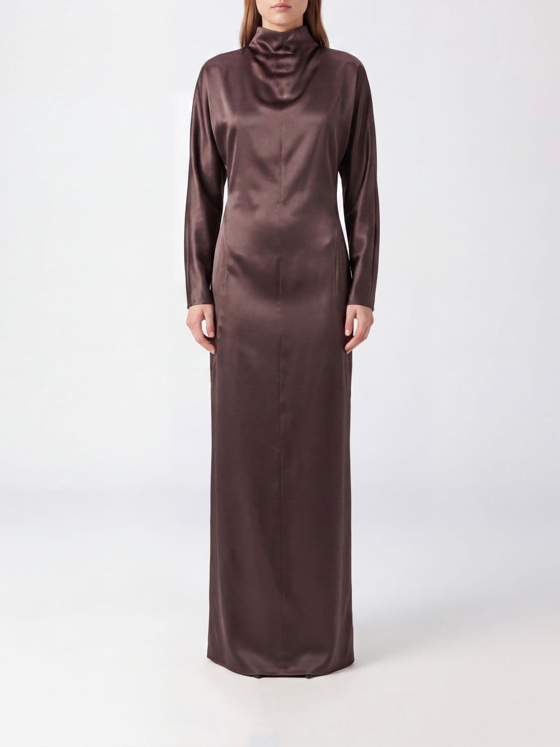 Max Mara Long Silk Sheath Evening Gown with Draped High Neck