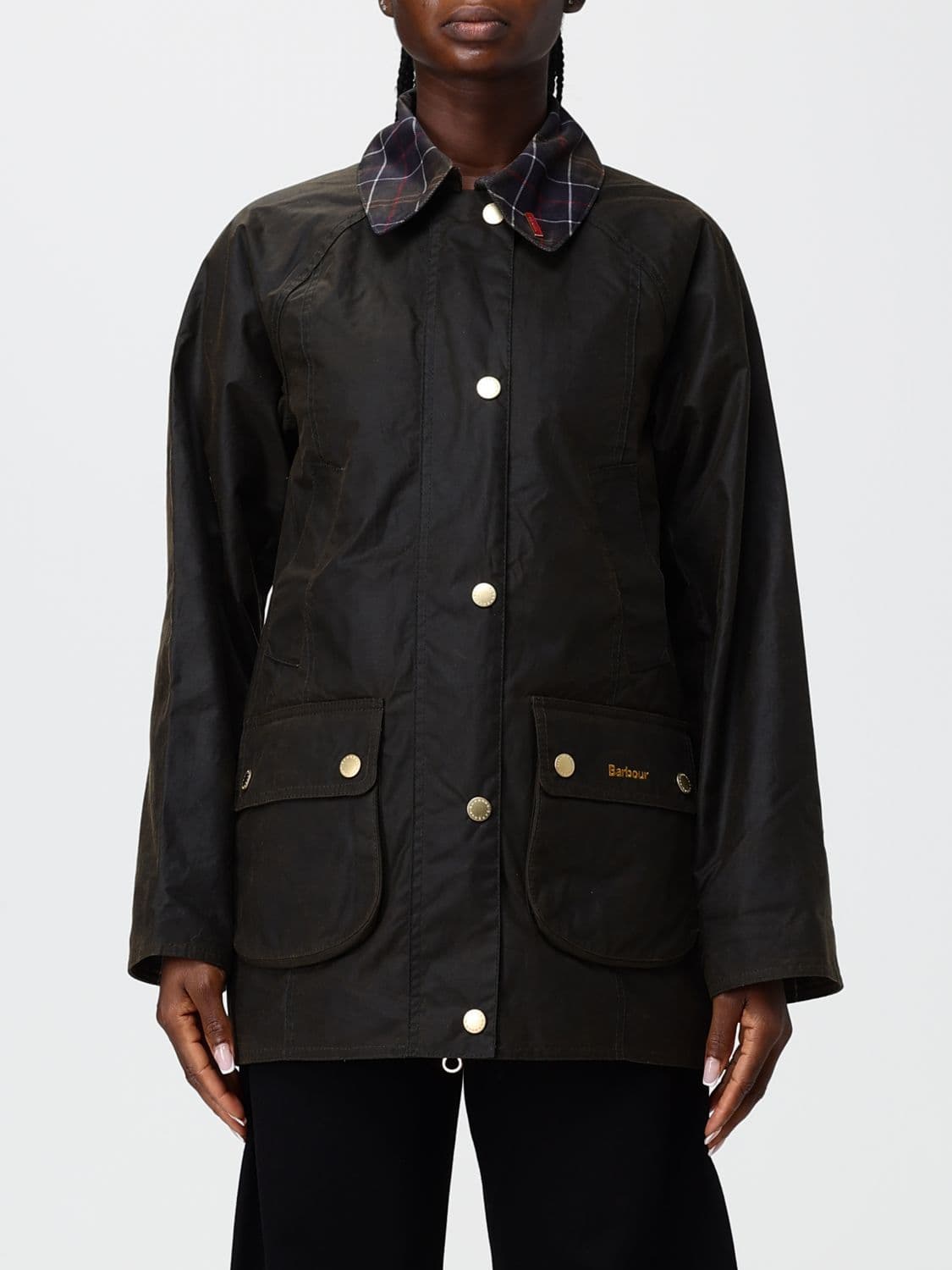 Barbour Short Shirt Jacket in Waxed Cotton with Check Collar