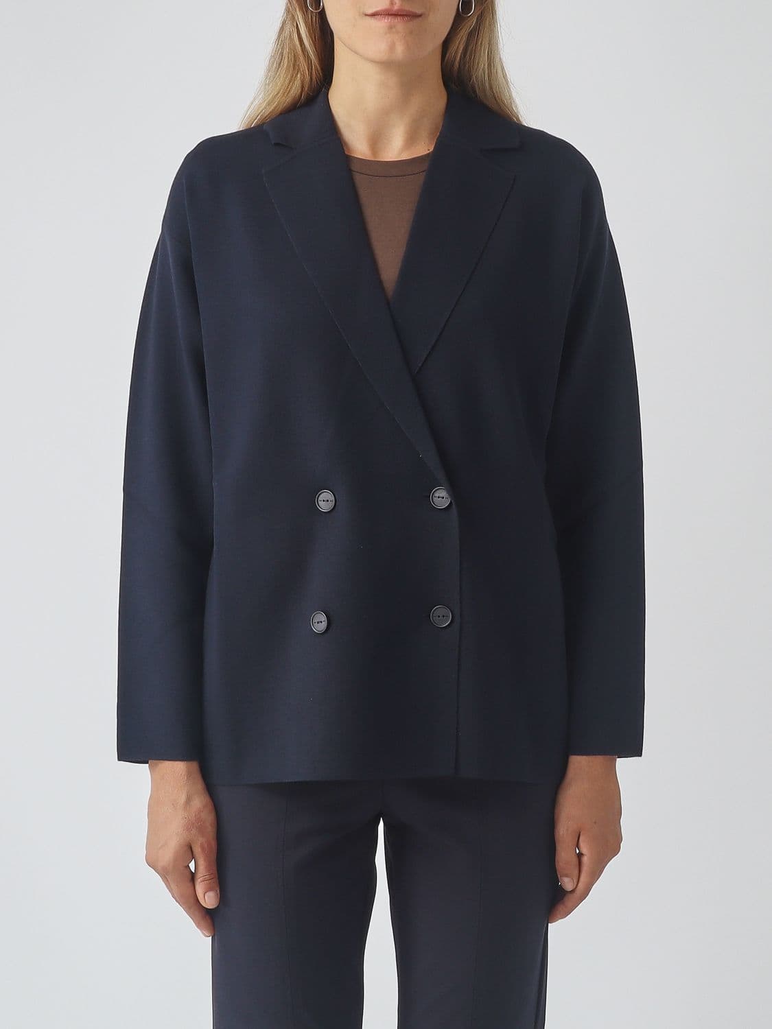 Mm Max Mara Cropped Double-Breasted Viscose Blend Blazer with Lapels