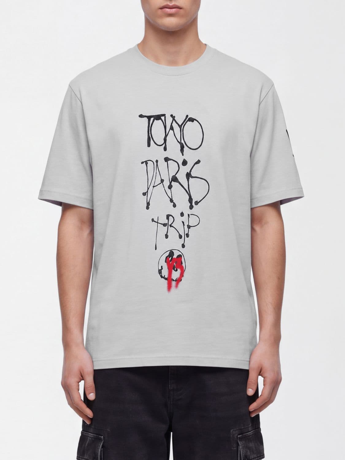 Y-3 Grey Cotton T-Shirt with Contrast Logo and Slogan Print