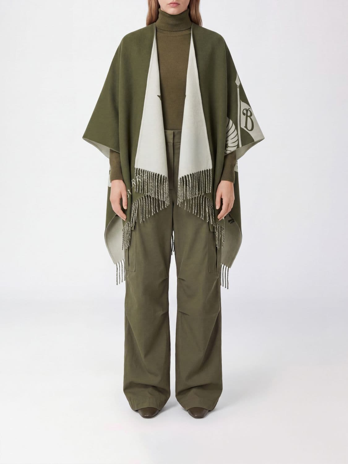 Burberry Asymmetric Wool and Cashmere Cape with Fringes and Logo