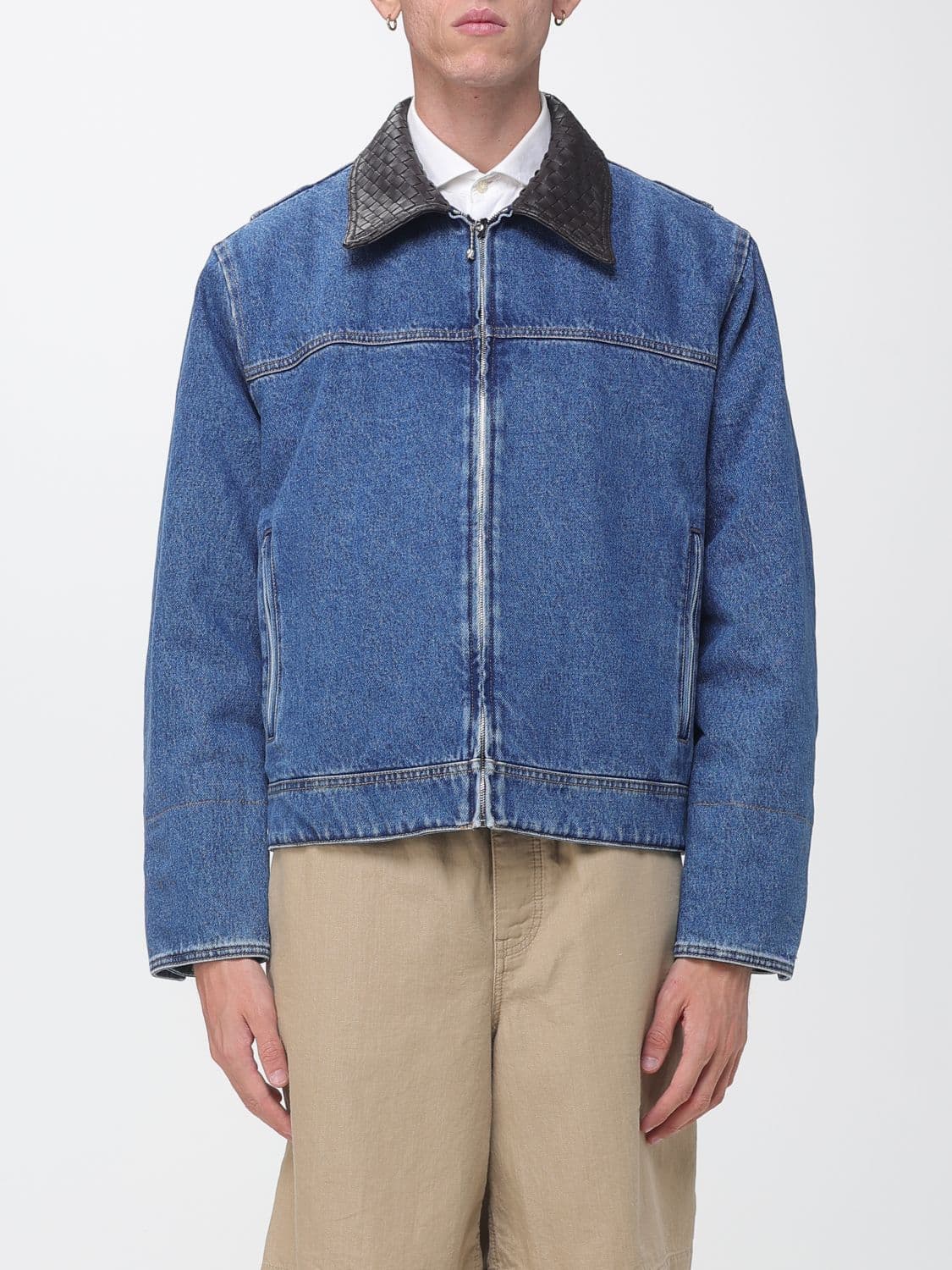 Bottega Veneta Cotton Denim Jacket with Leather Collar