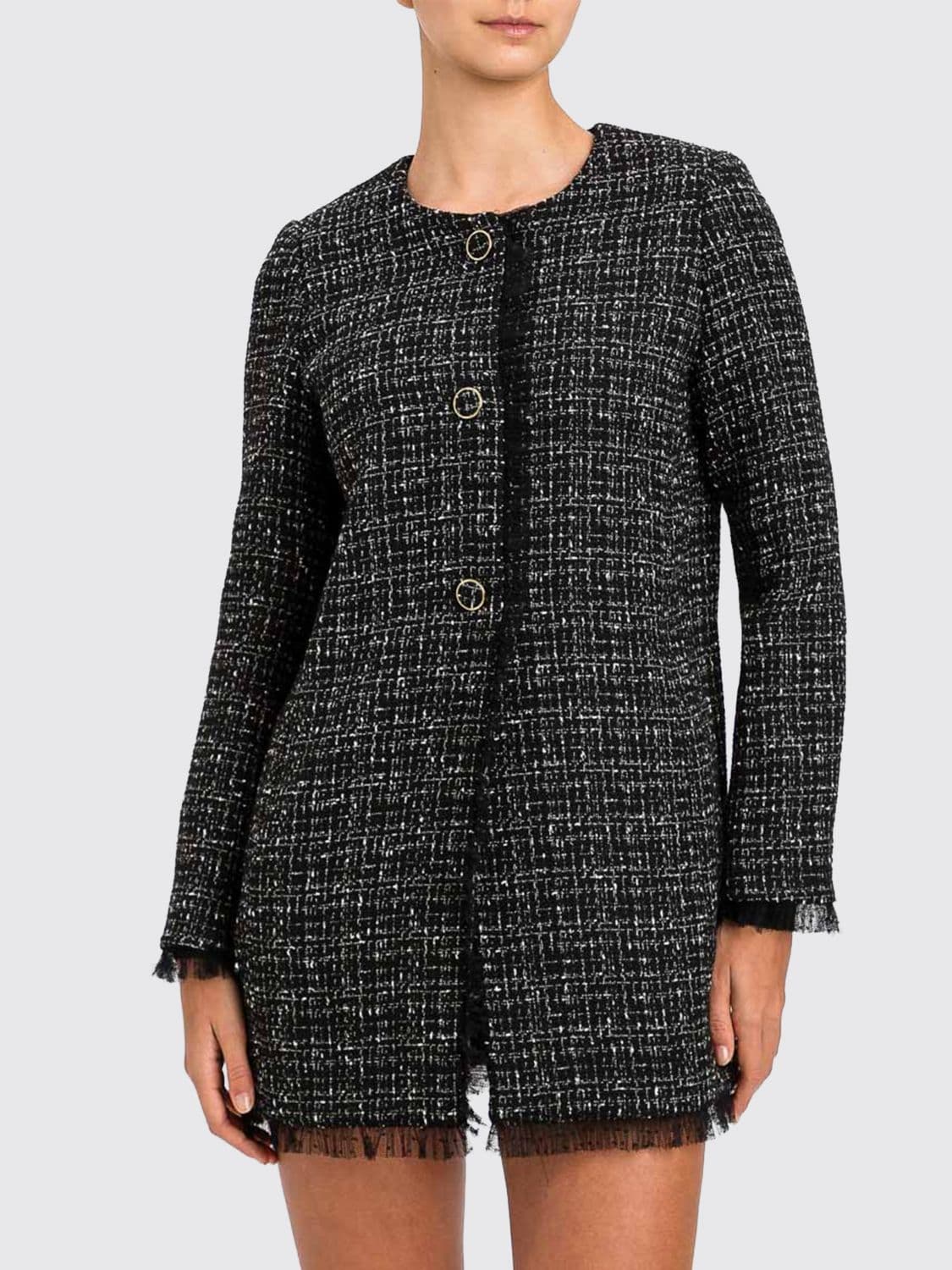 Twinset Cropped Tweed Jacket with Fringed Edges and Crew Neck
